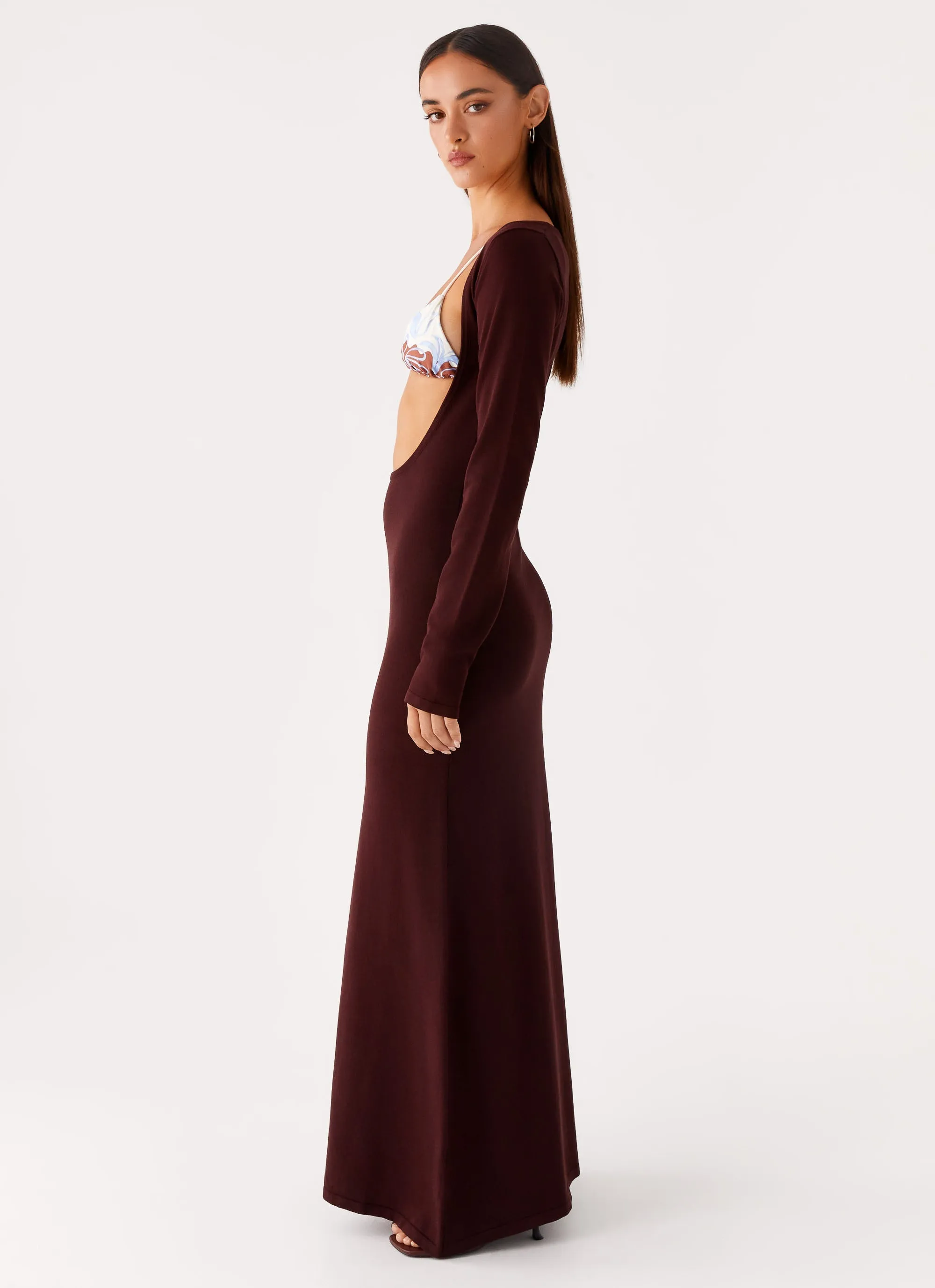 Adora Long Sleeve Knit Maxi Dress - Chocolate Back Detail