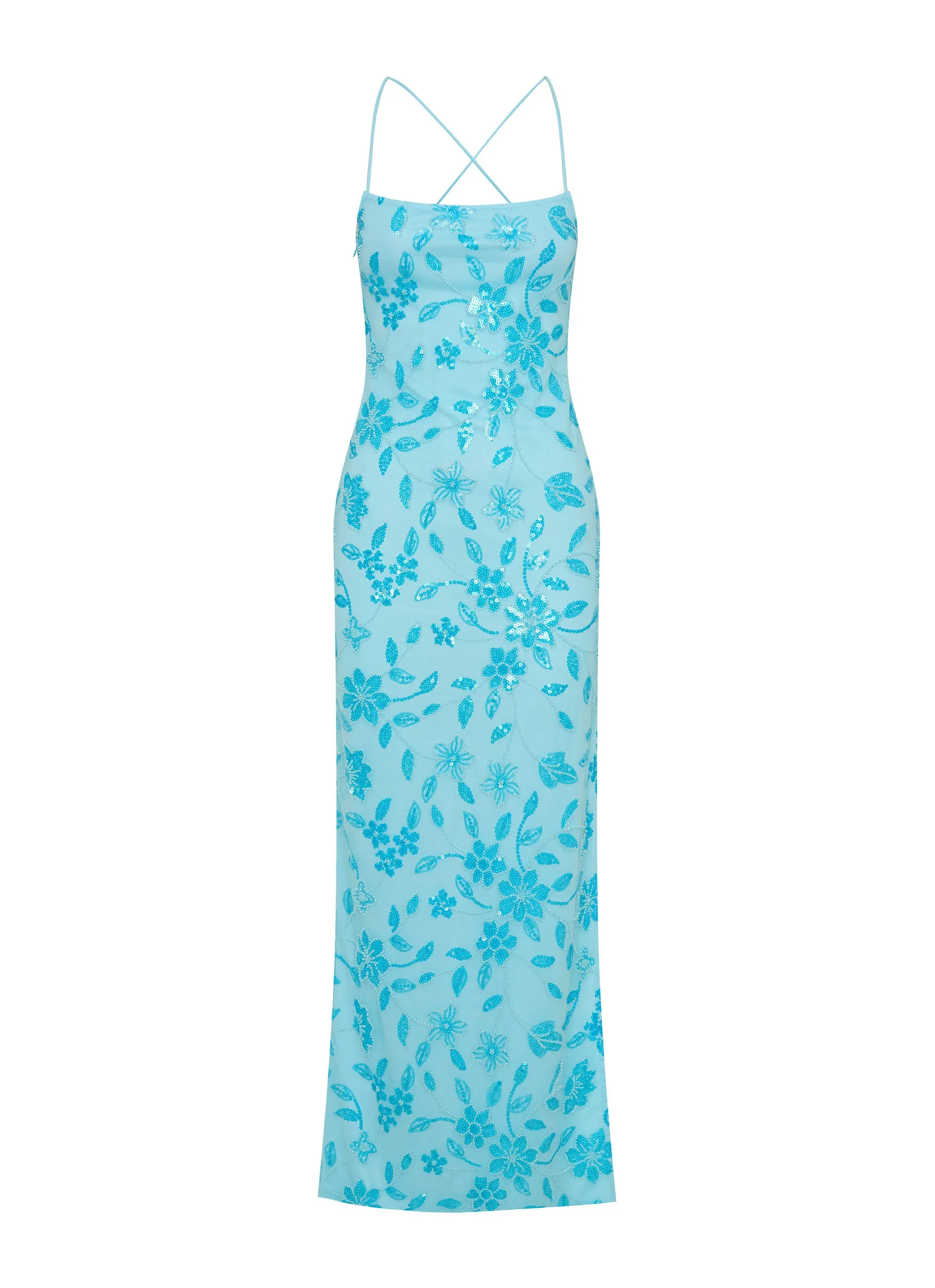Subtle Flow Draped Silhouette Bright Lights Beaded Maxi Dress - Blue