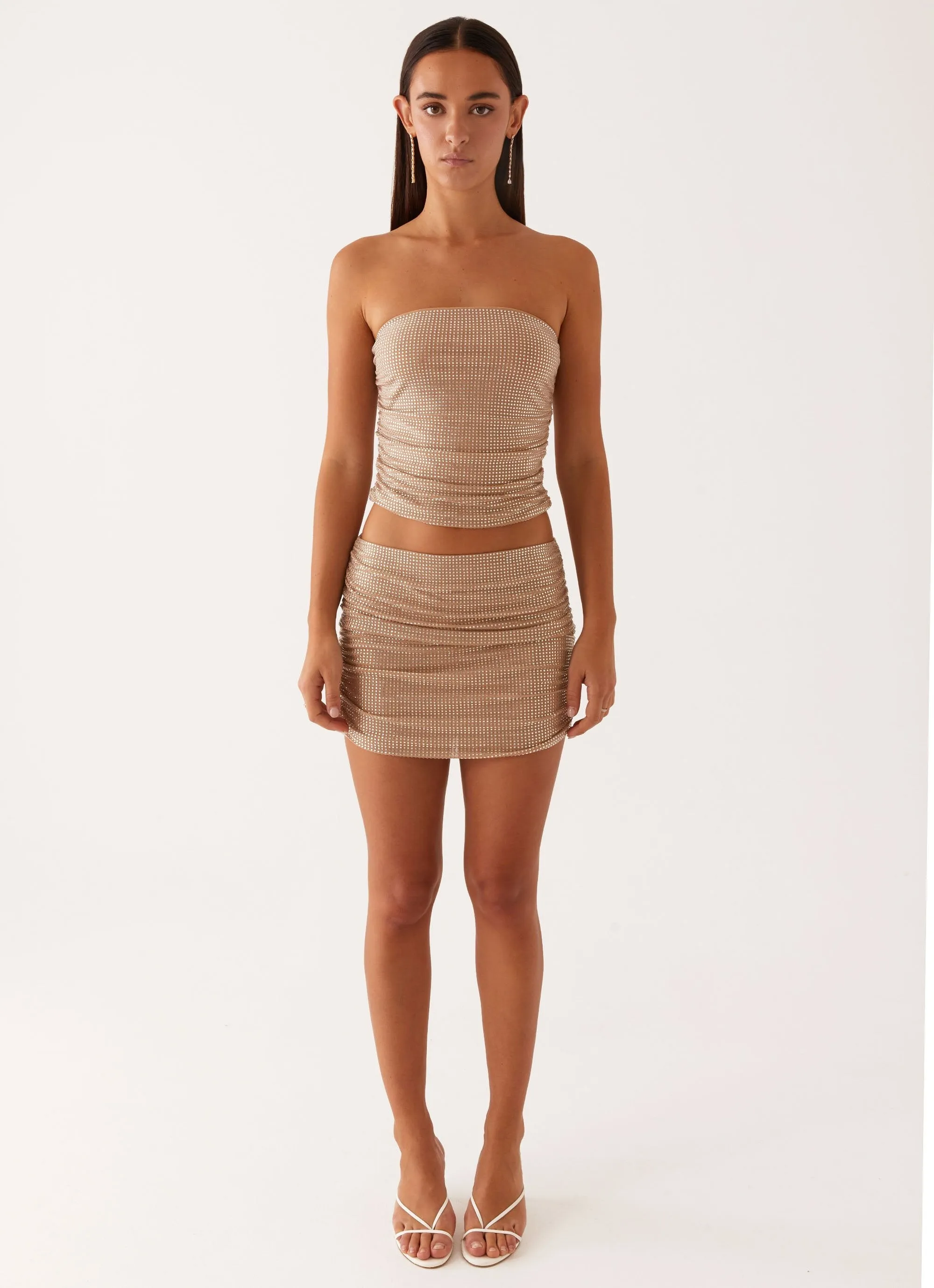 Flexible Comfort Seamless Edging Brightside Rhinestone Mini Skirt - Silver