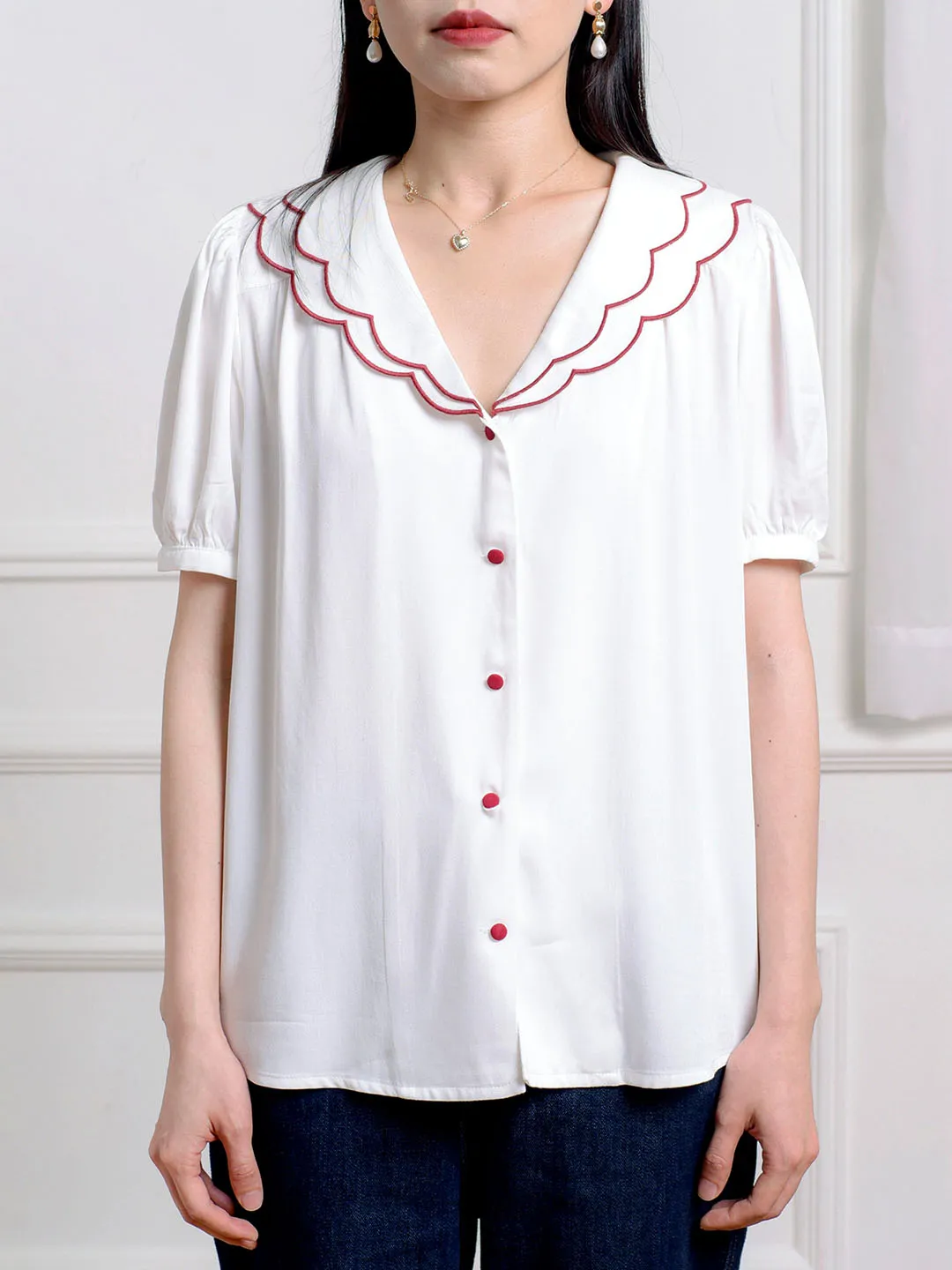 Indie Wavy Collar Contrast Blouse Weighted Hem Stylish Jacket