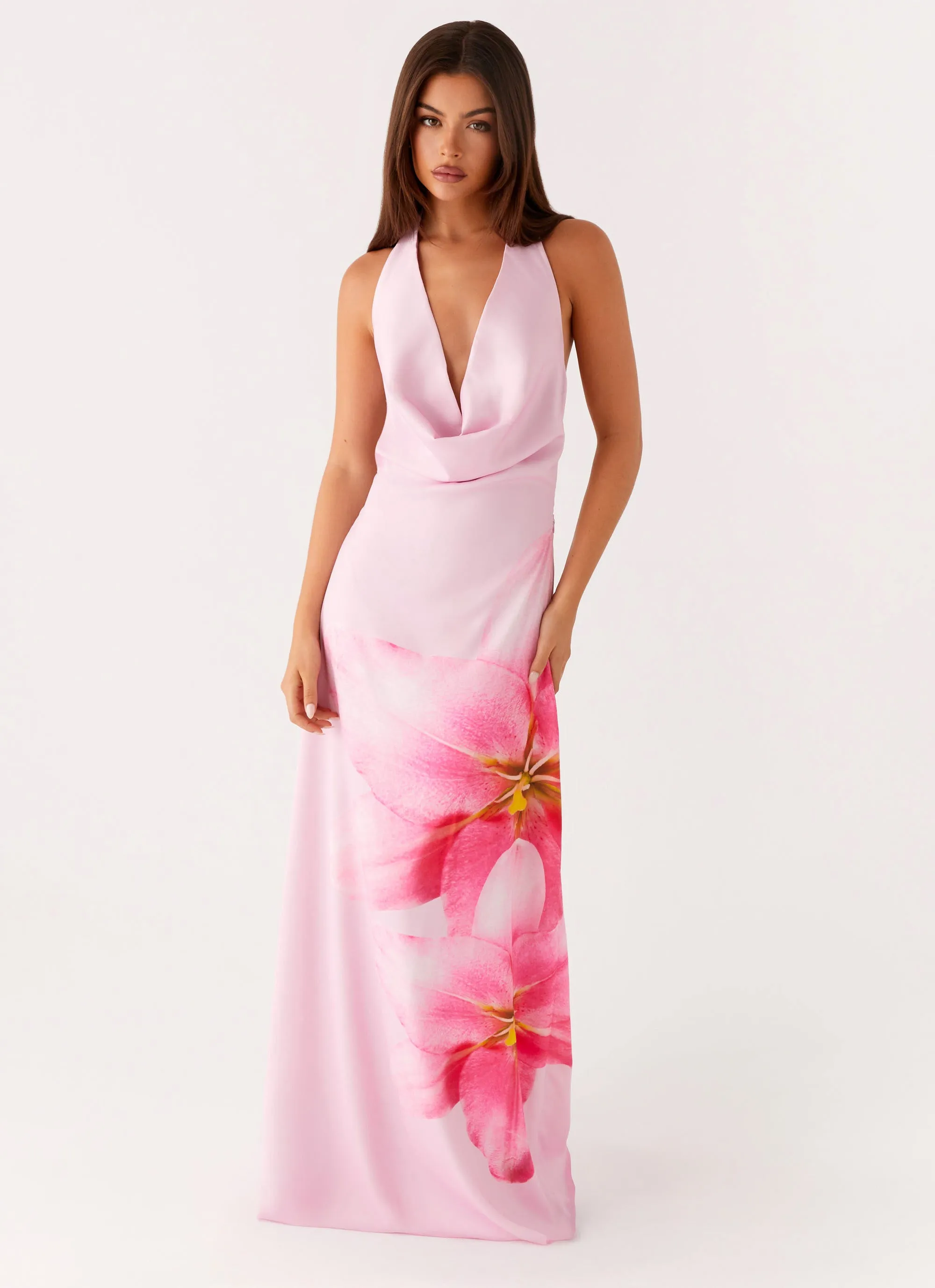 Dropped-Waist Neutral Cut Bryony Cowl Maxi Dress - Pink