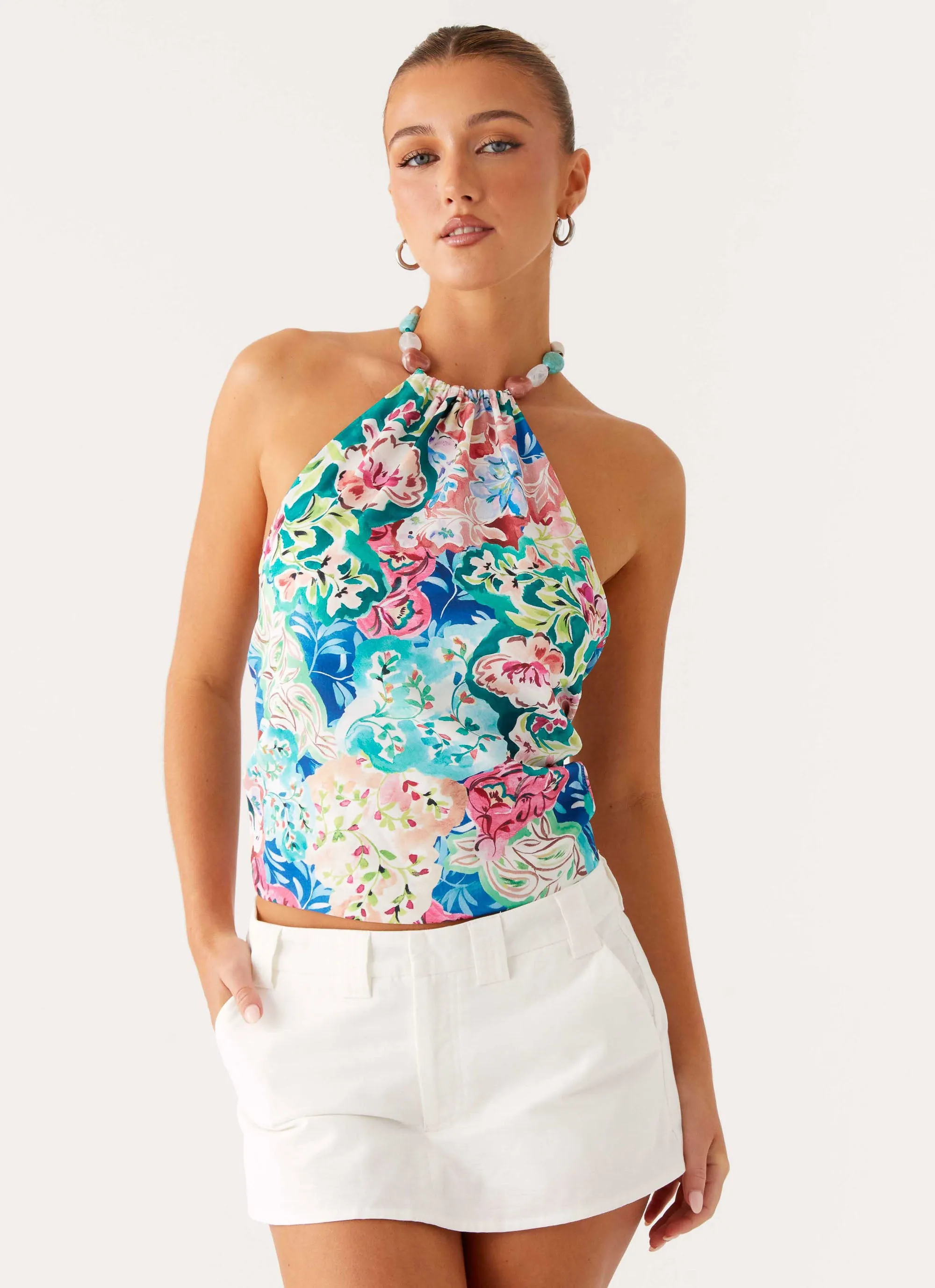 NoRoll Hem Technology RibbedNeckline Dalila Beaded Tie Back Top - Santorini Floral