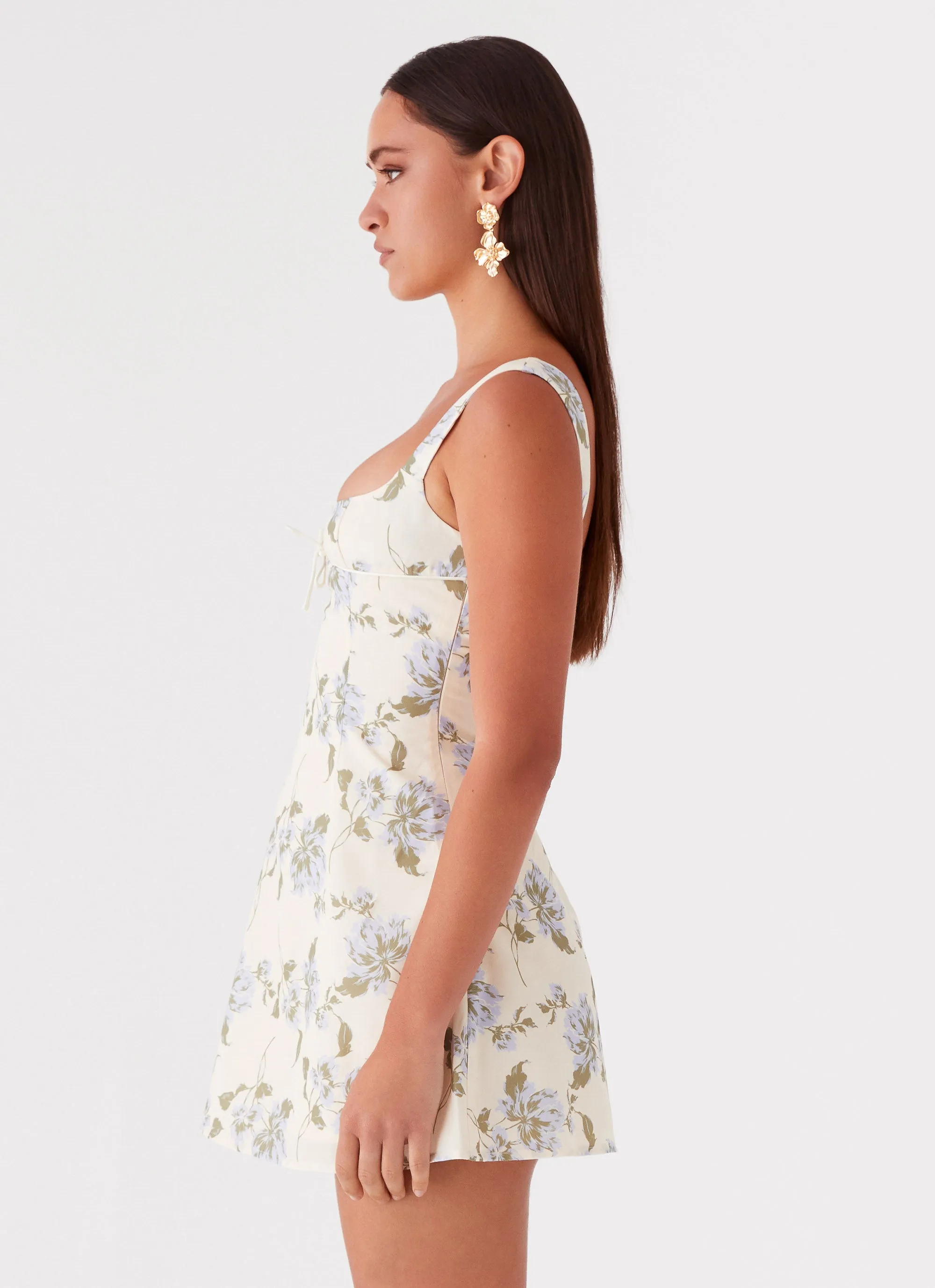 Cadence Mini Dress - Yellow Purple Floral elastic waistband Outfit Moodset