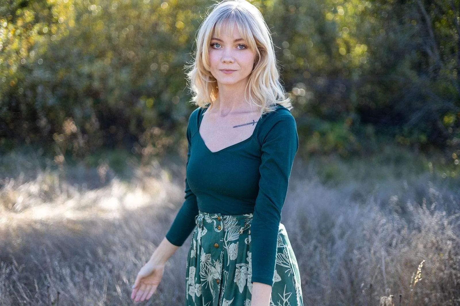 Camille Top in Emerald Cotton Knit Minimalist Stitching