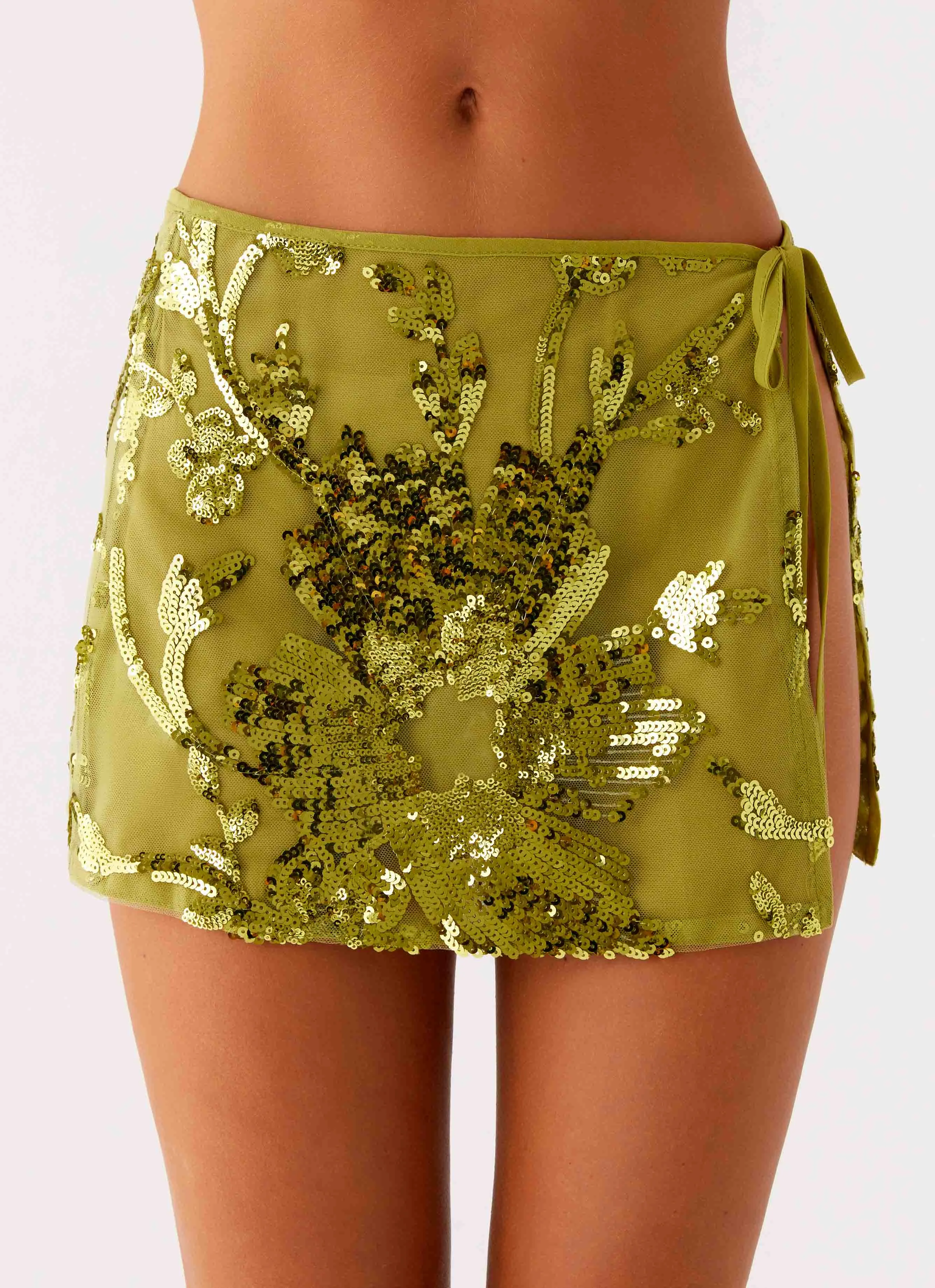 Cancun Sequin Mini Skirt - Lime Secure Closure Lifestyle Look