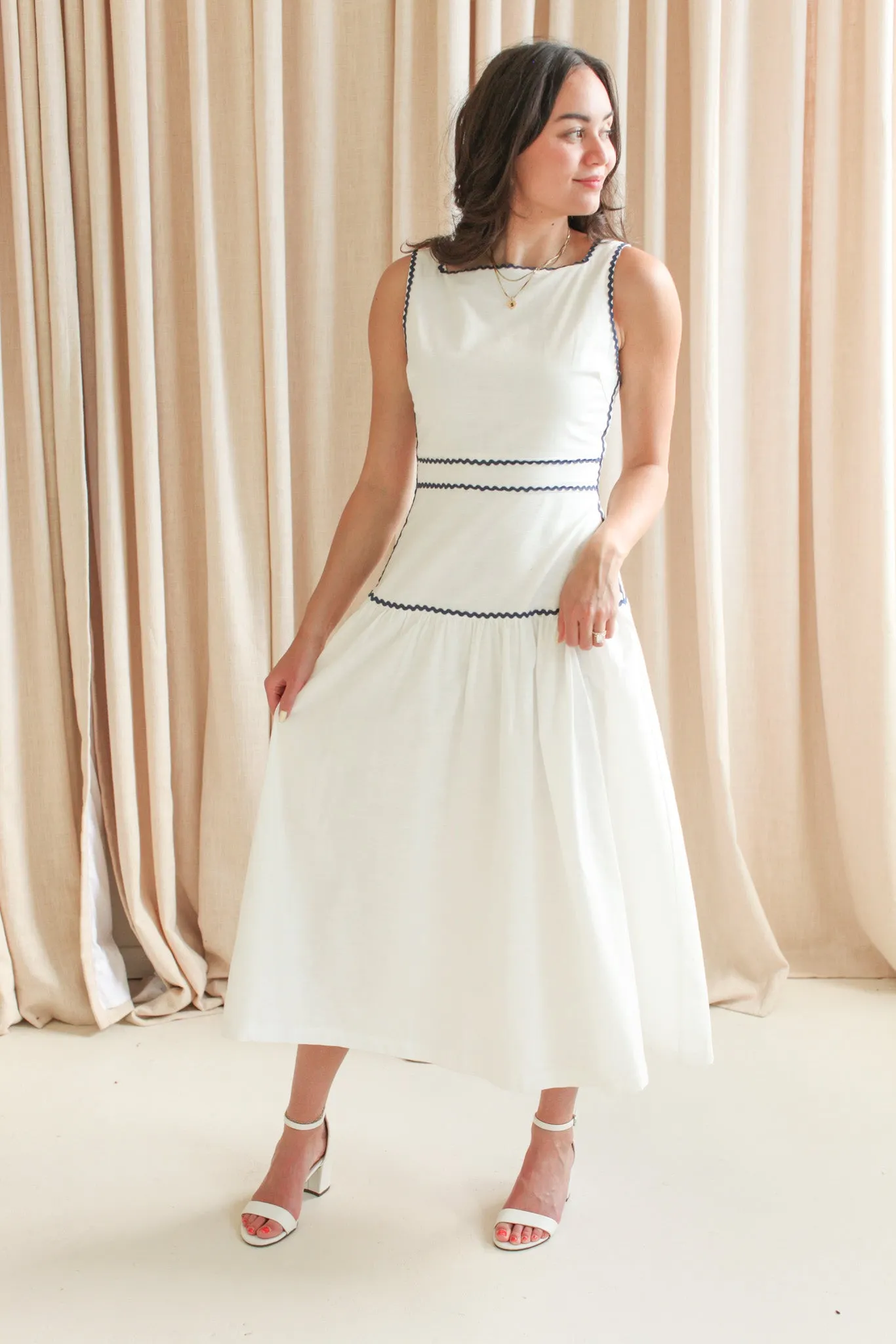 Adeline RicRac Midi Dress - Navy All Season Satin Soft