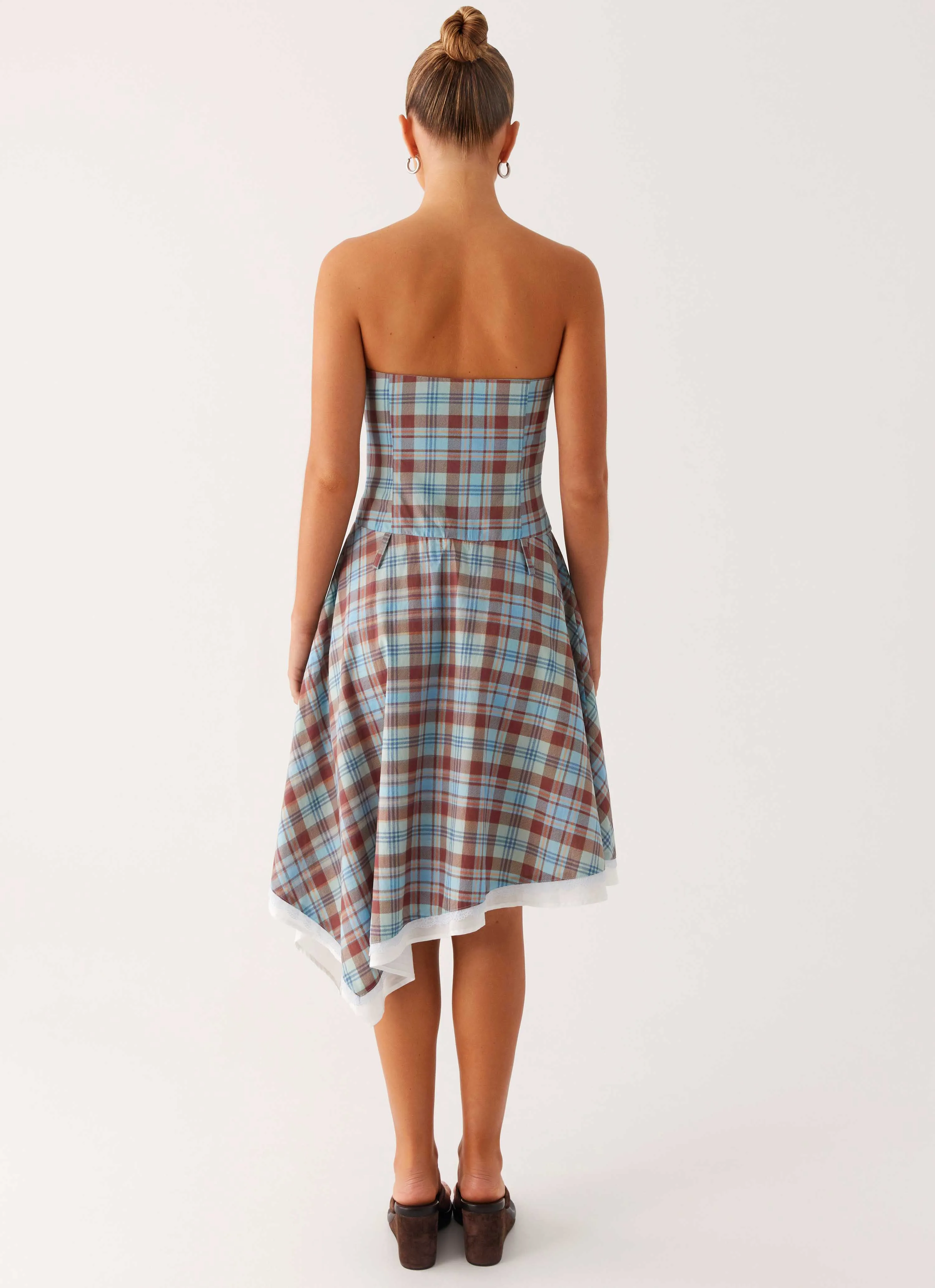 Tonie Strapless Midi Dress - Shoreline Check Tonal-Stitching