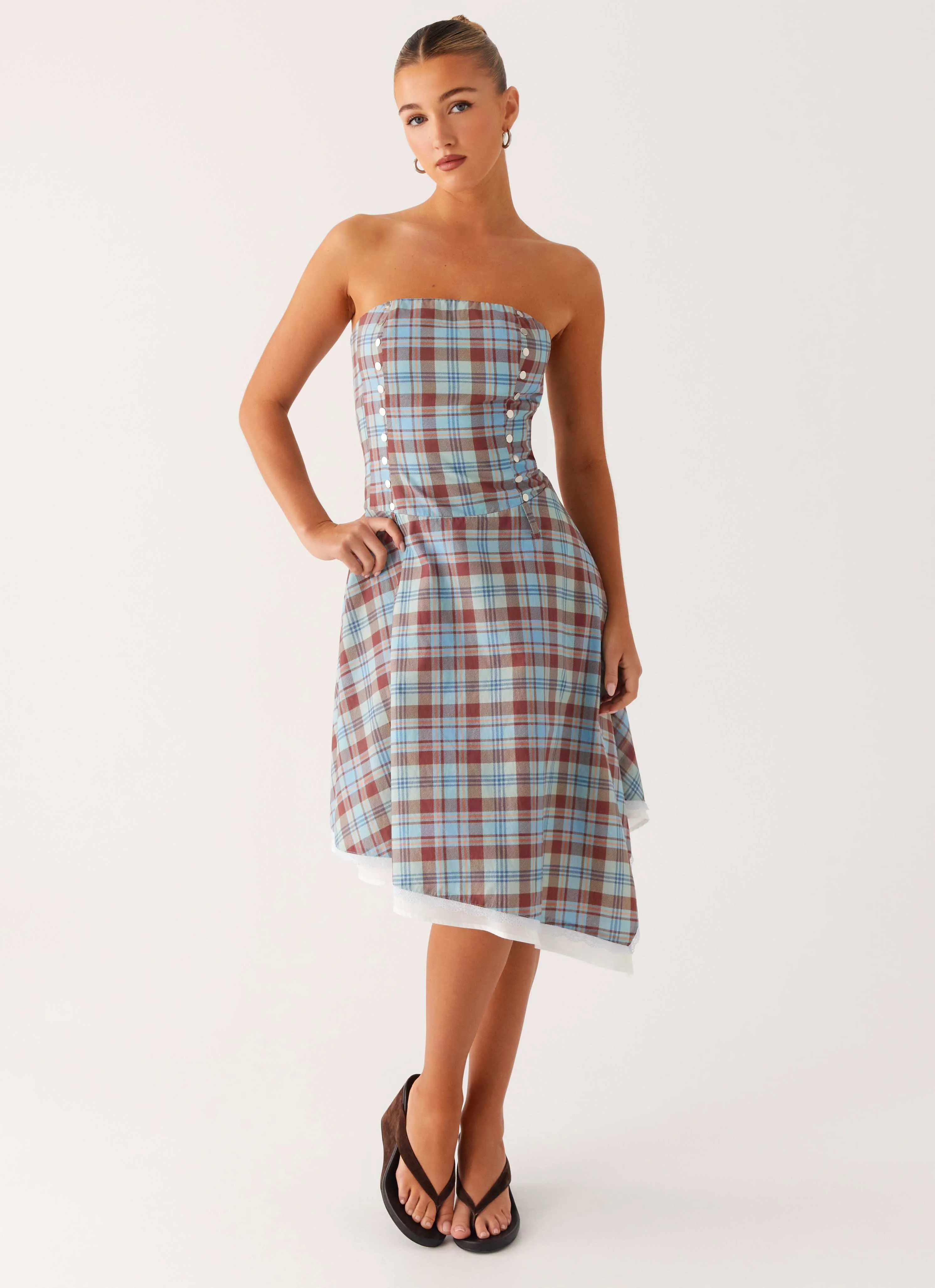 Gender Free Evening-Wear Tonie Strapless Midi Dress - Shoreline Check