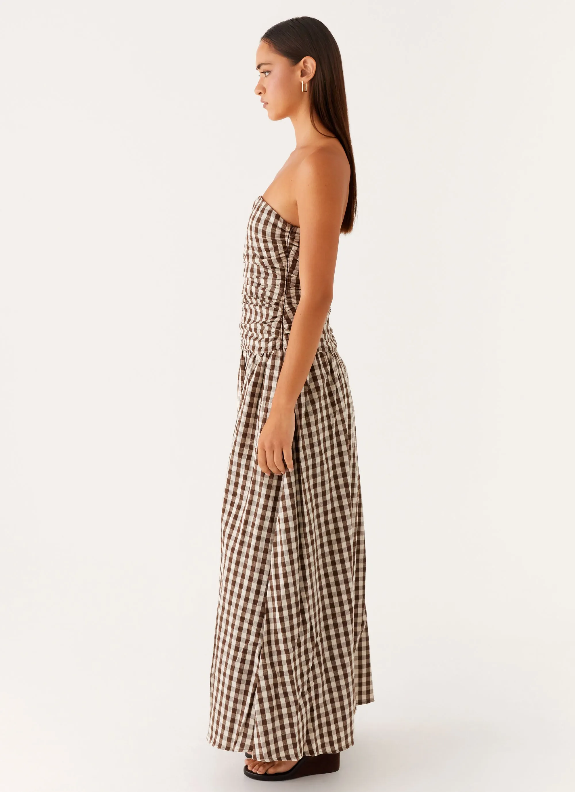 Carmel Maxi Dress - Brown Gingham Elegant Cut Matte-Lining