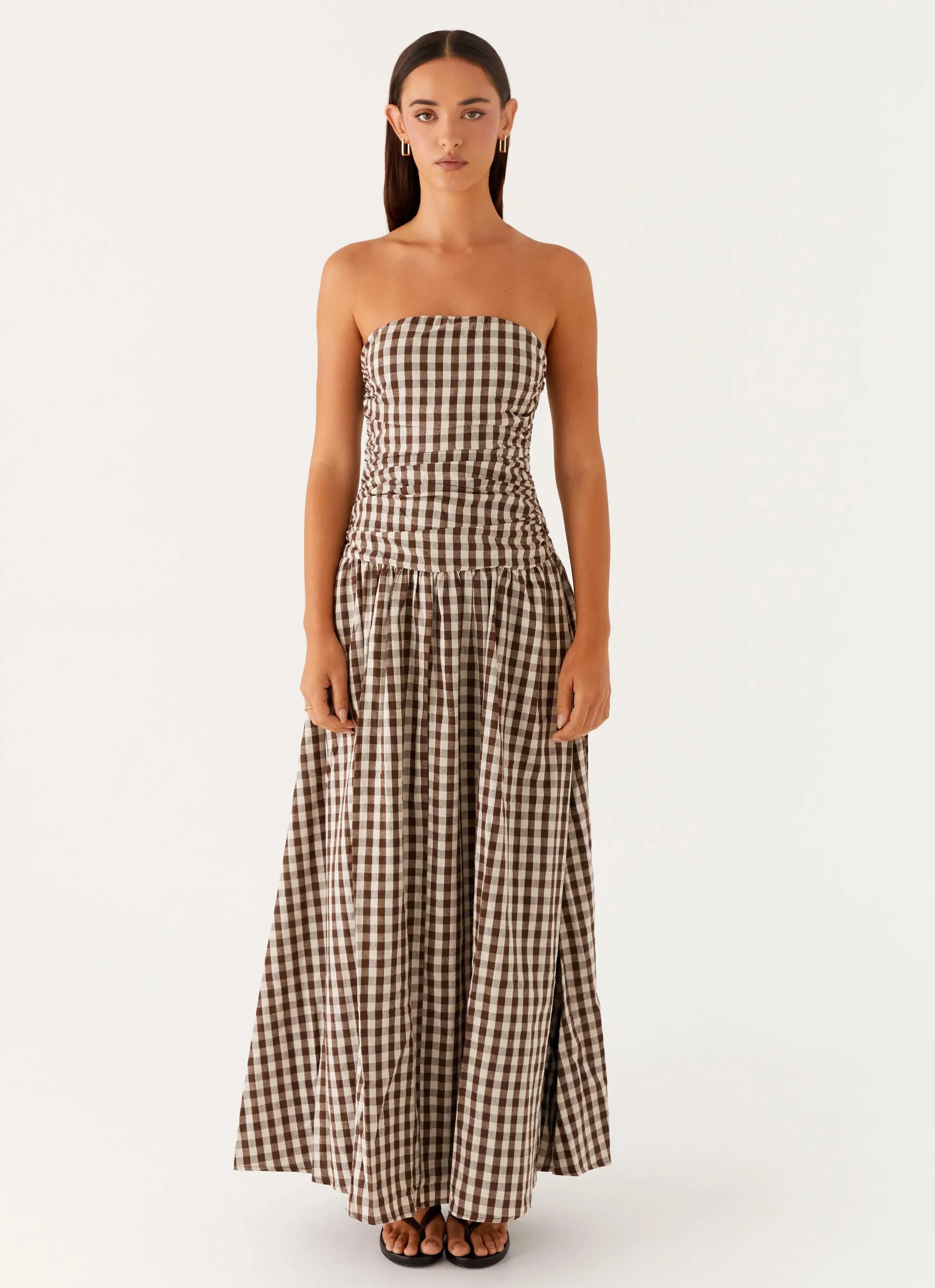 Birthday-Celebration Casual Look Carmel Maxi Dress - Brown Gingham
