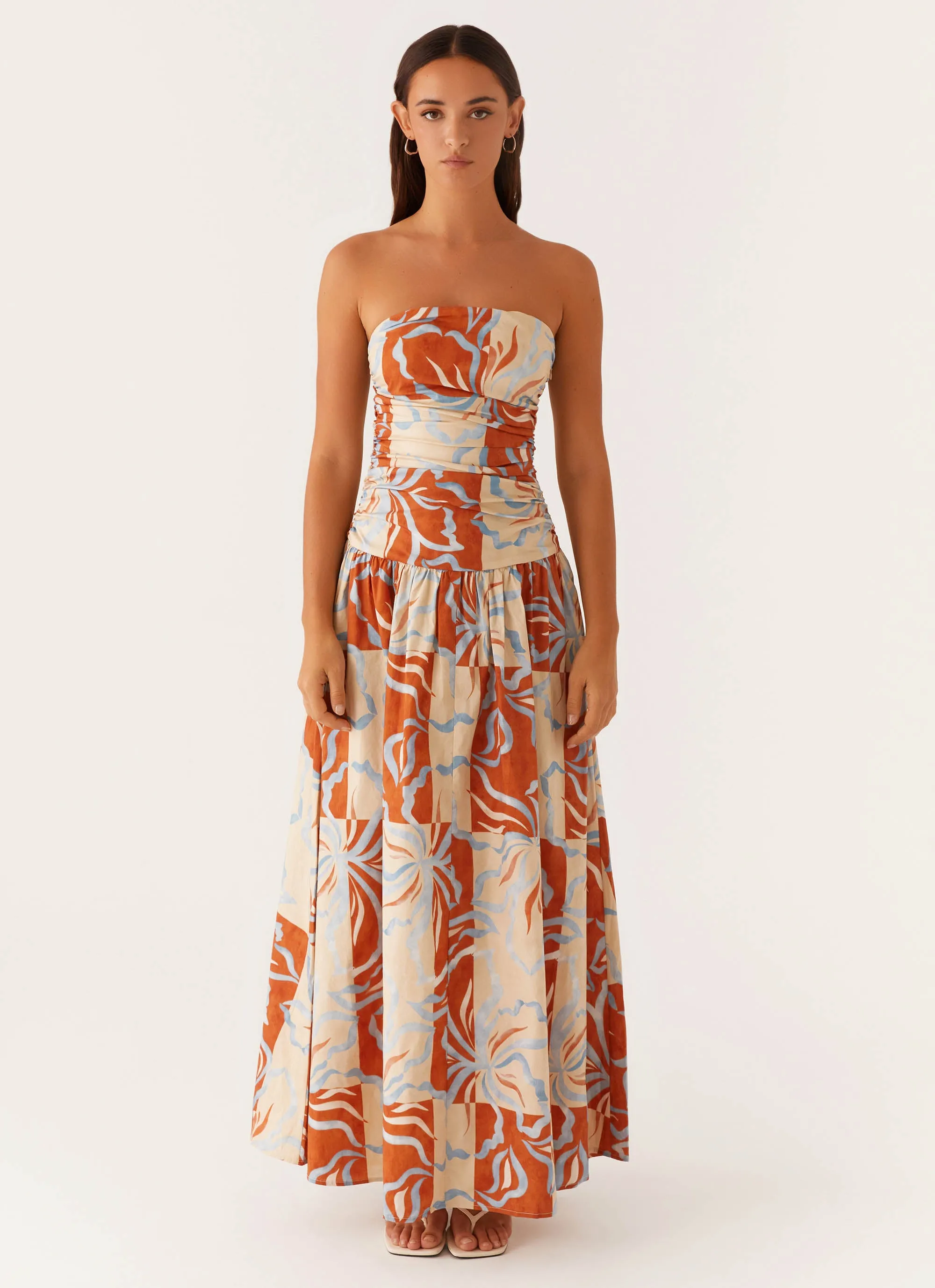 Breeze Grace Carmel Maxi Dress - Orange Blue Floral