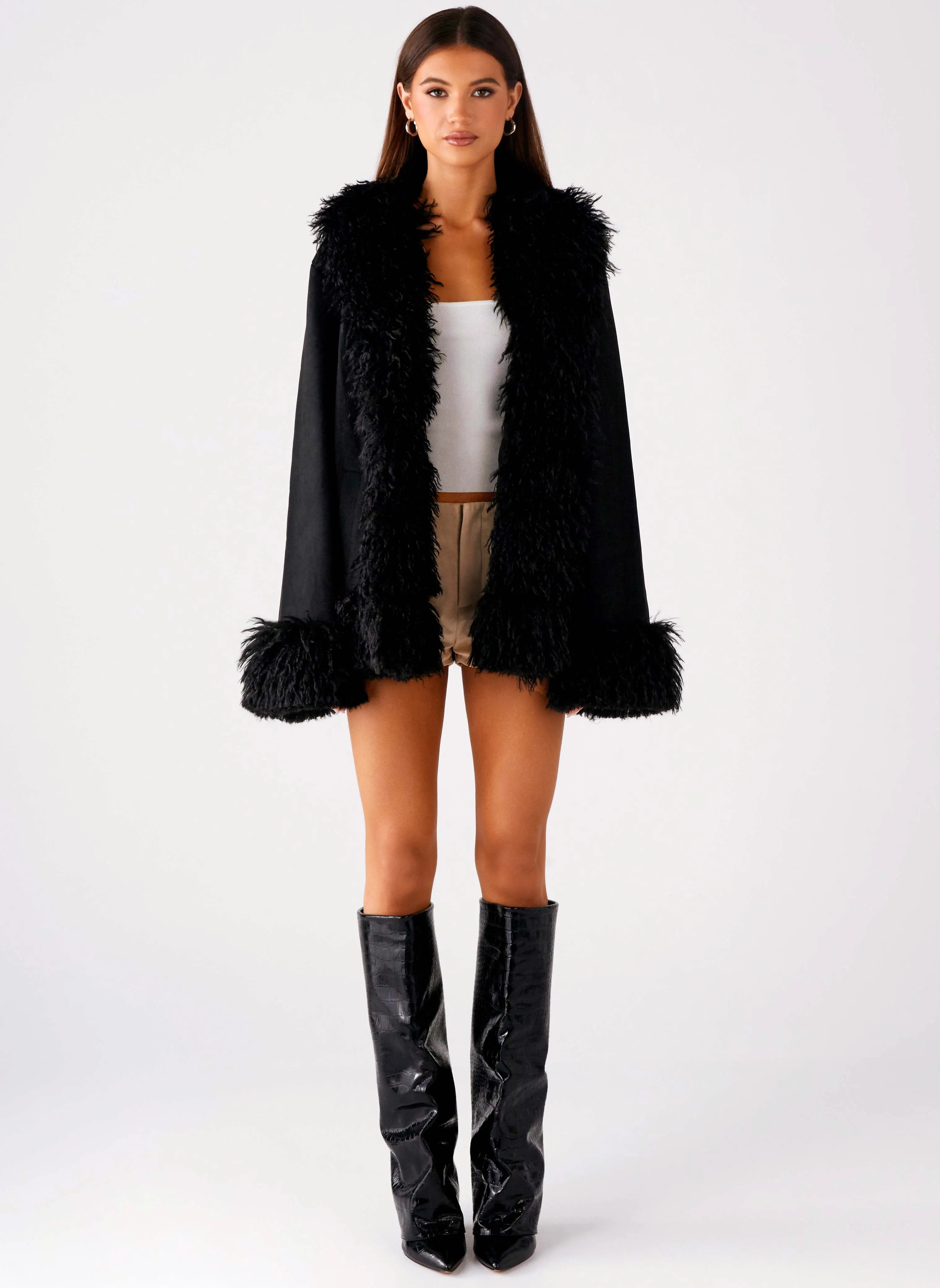 Carmelita Fur Trim Jacket - Black Graphic Advertise