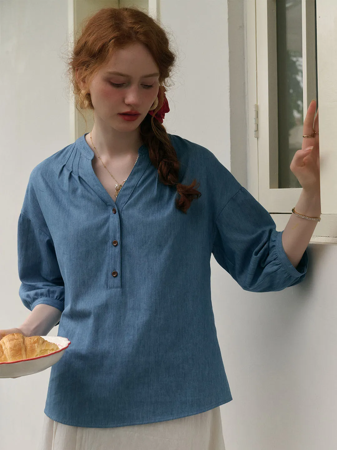 Carolina Casual V-neck Button Front Three Quarter Sleeve Cotton Blouse AntiStatic Coating Sustainable Manufacturing Process