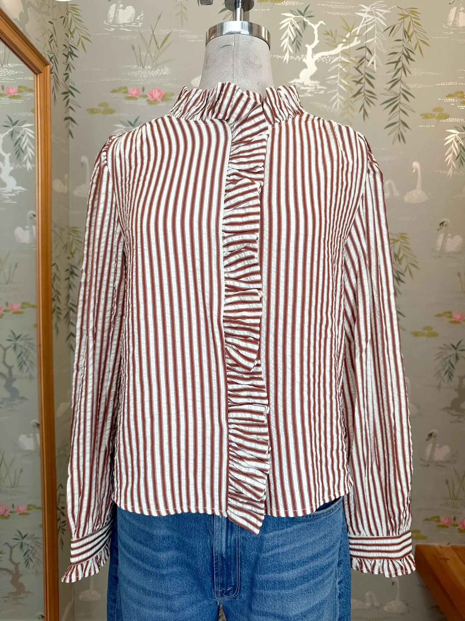 Caroline Stripe Blouse- Brown Noise Reducing Fabric Treatment