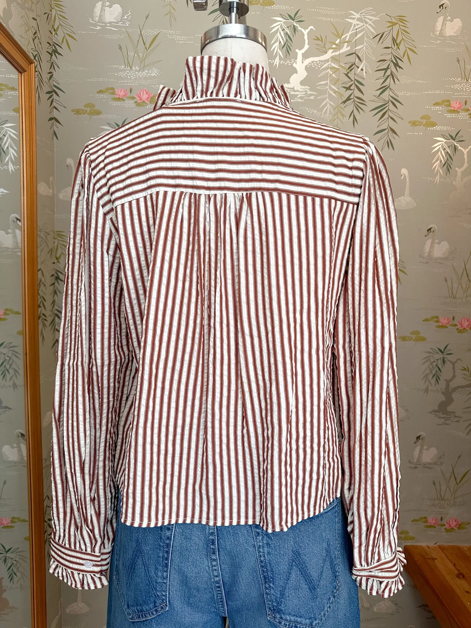 Caroline Stripe Blouse- Brown Thermal Regulation Technology Mesh Panel Details