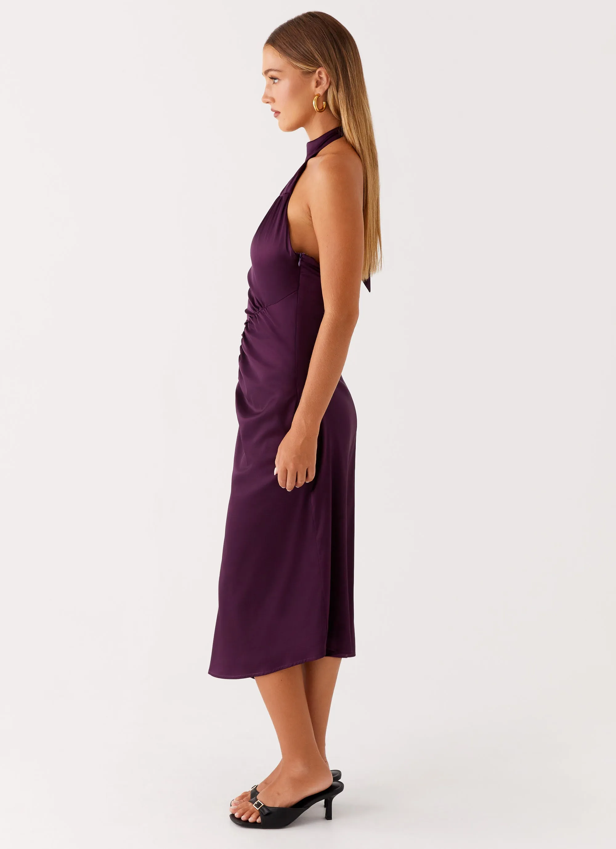 Smooth Drape Artisanal-Detail Casta Halterneck Midi Dress - Plum