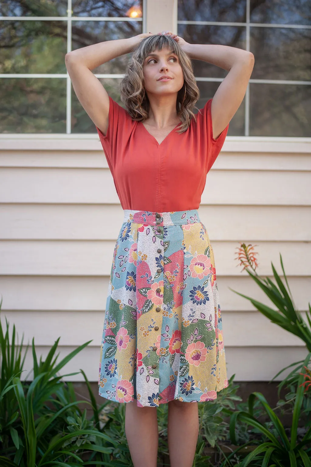 Bae Skirt in Patchwork Party Challis Smooth Fabric Comfy Waistband