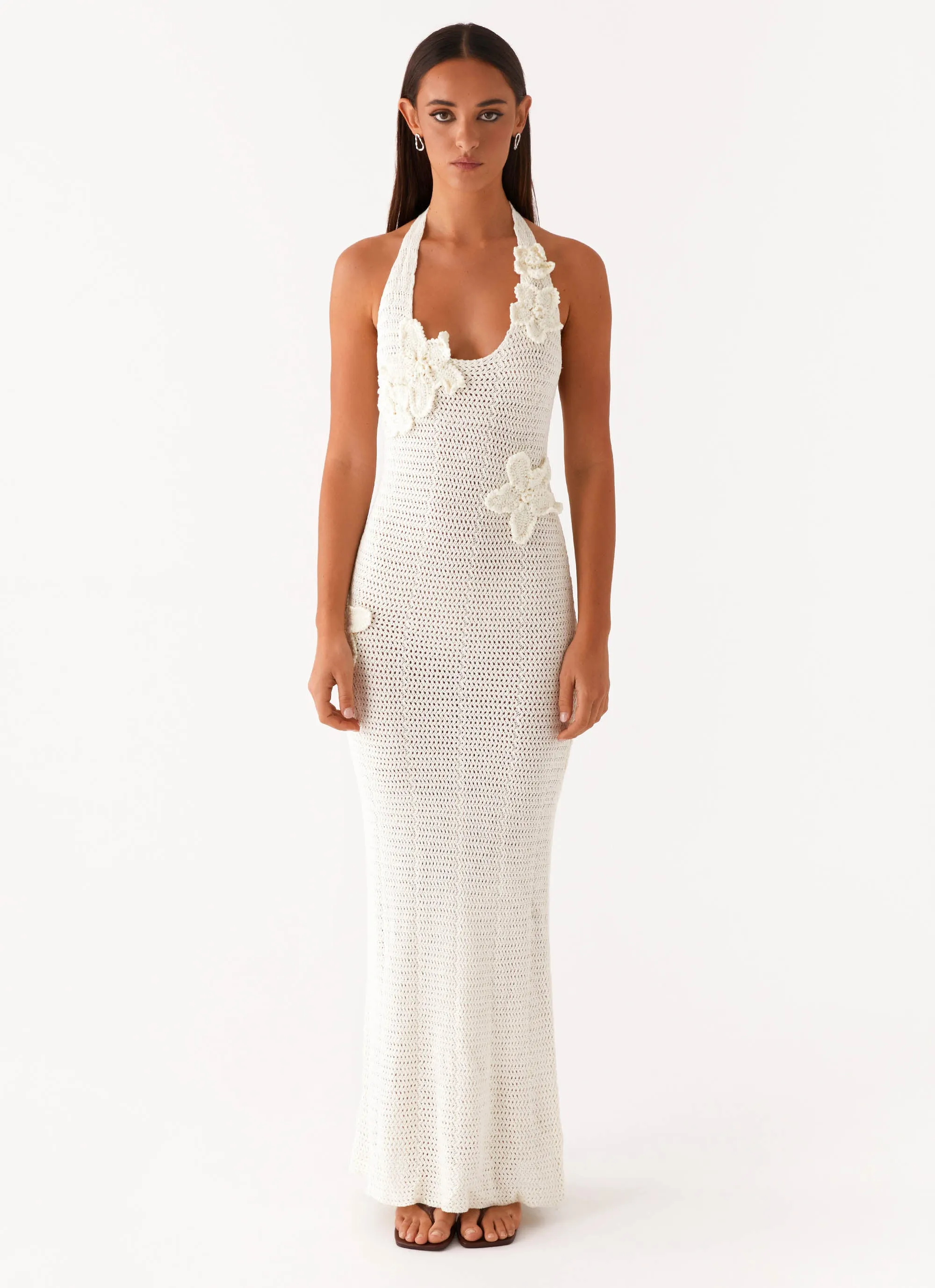 Formal Aura Relax Comfort Novalee Flower Crochet Maxi Dress - Ivory