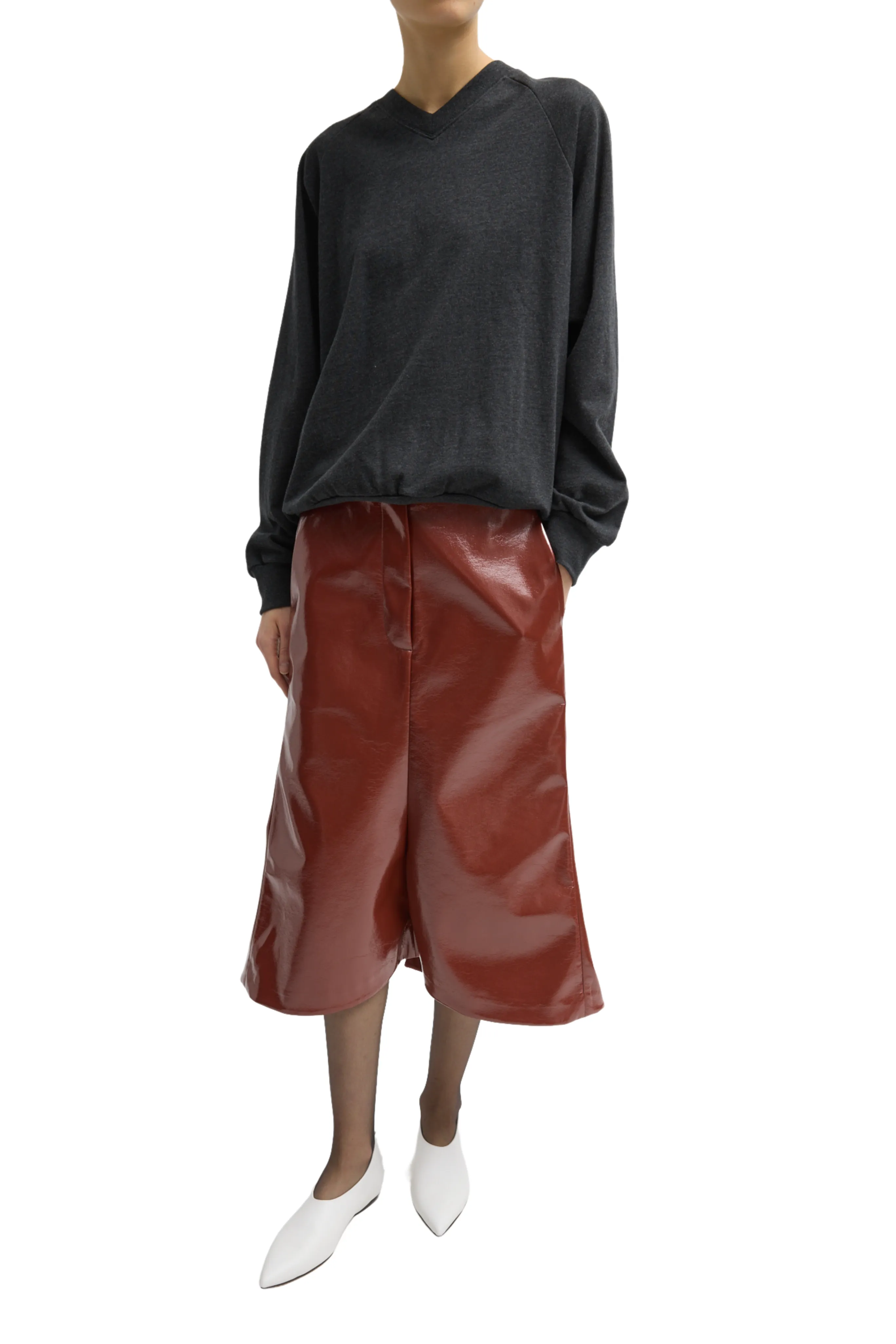 Contrast Stitching Faux Patent Leather Sculpted Silke Skirt