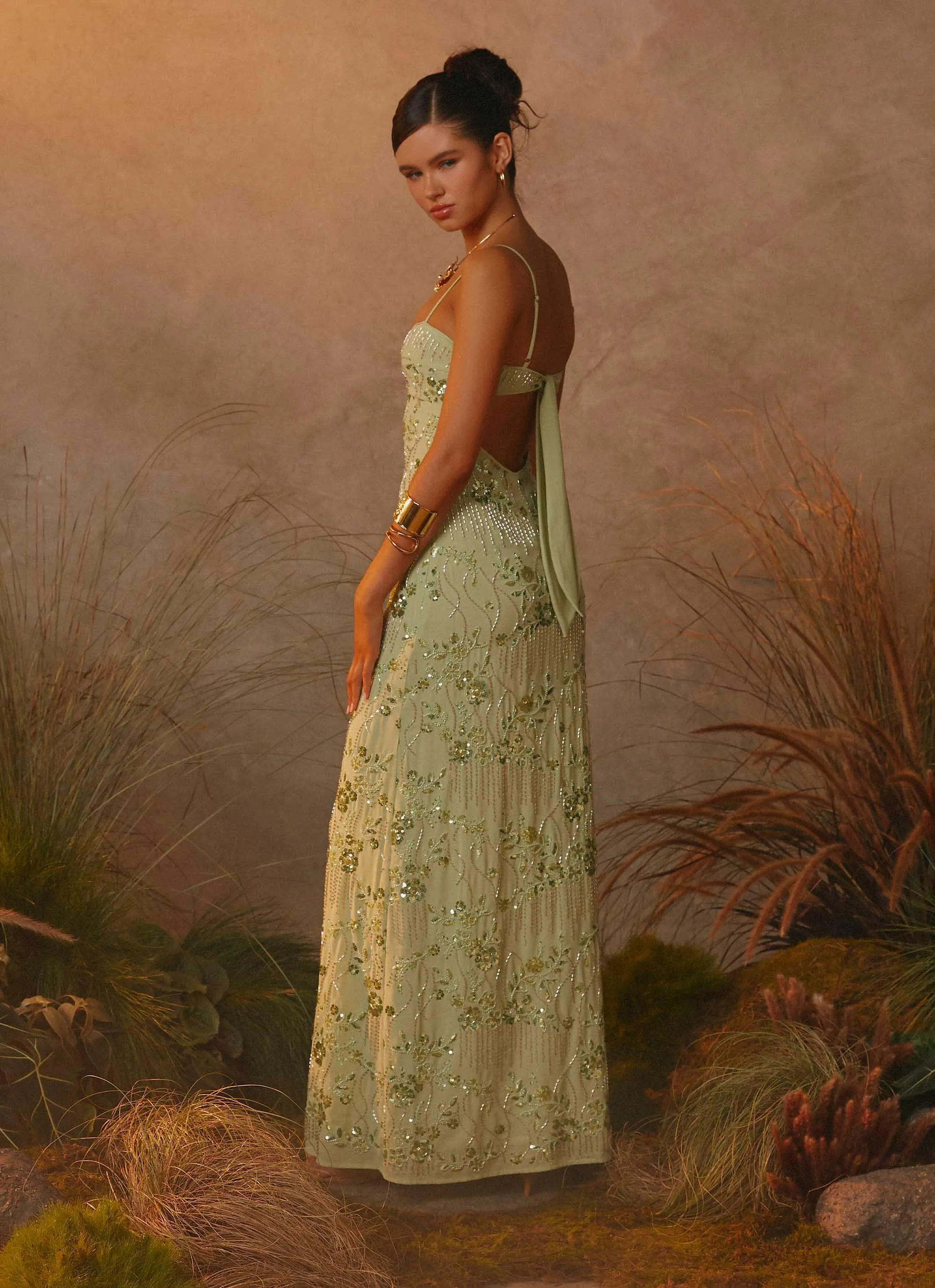 Celandine Beaded Maxi Dress - Lime Mid Season