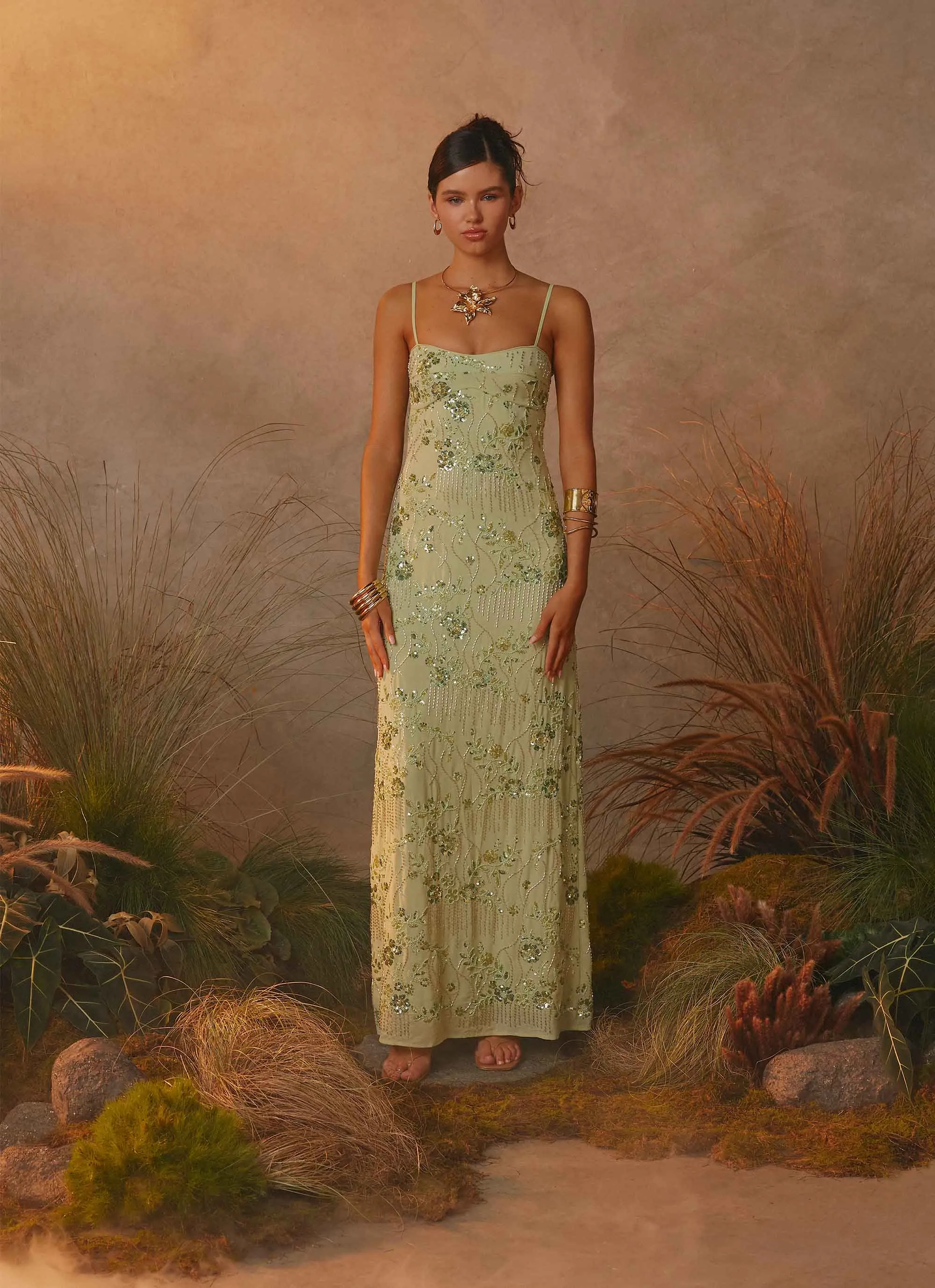 Button-Cuff Celandine Beaded Maxi Dress - Lime
