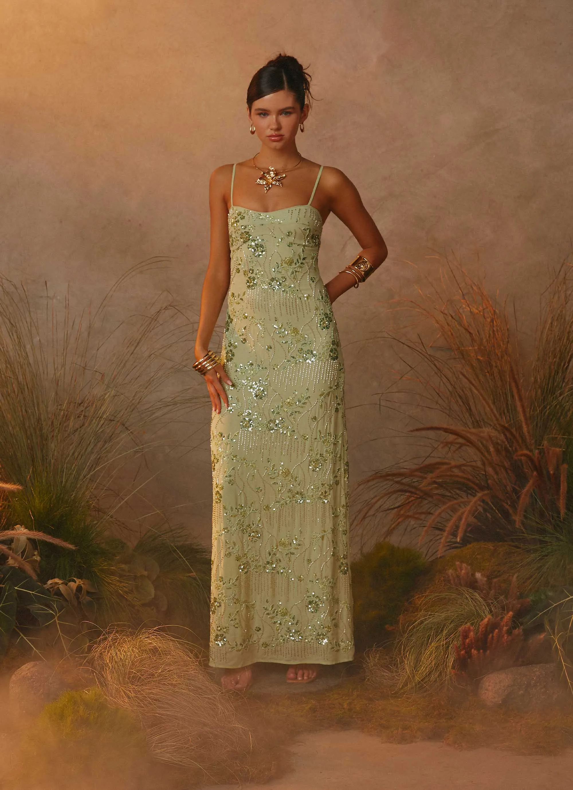Classic Mood Celandine Beaded Maxi Dress - Lime