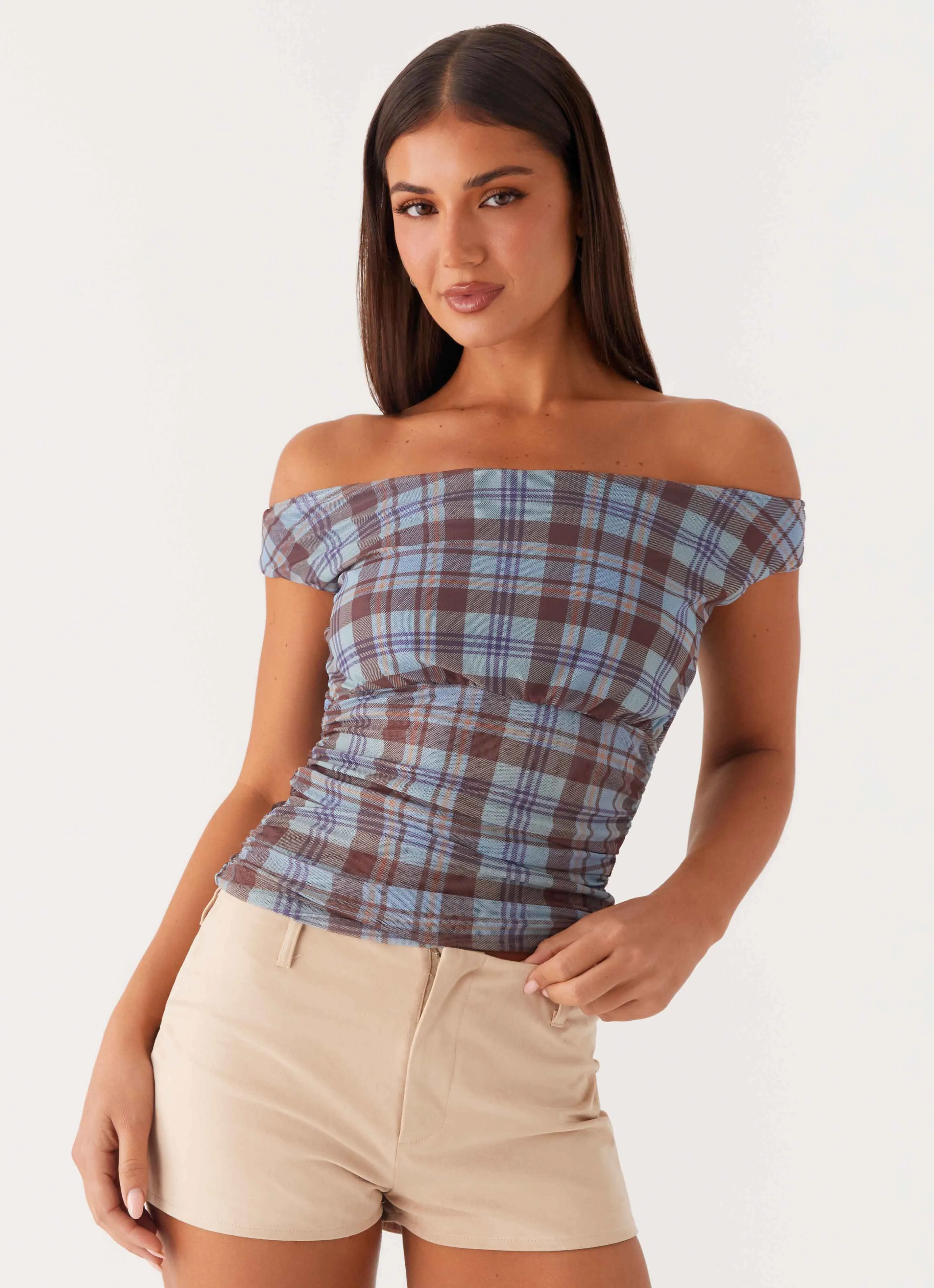 Recycled Material Blend OversizedFit Zahli Off Shoulder Top - Shoreline Check