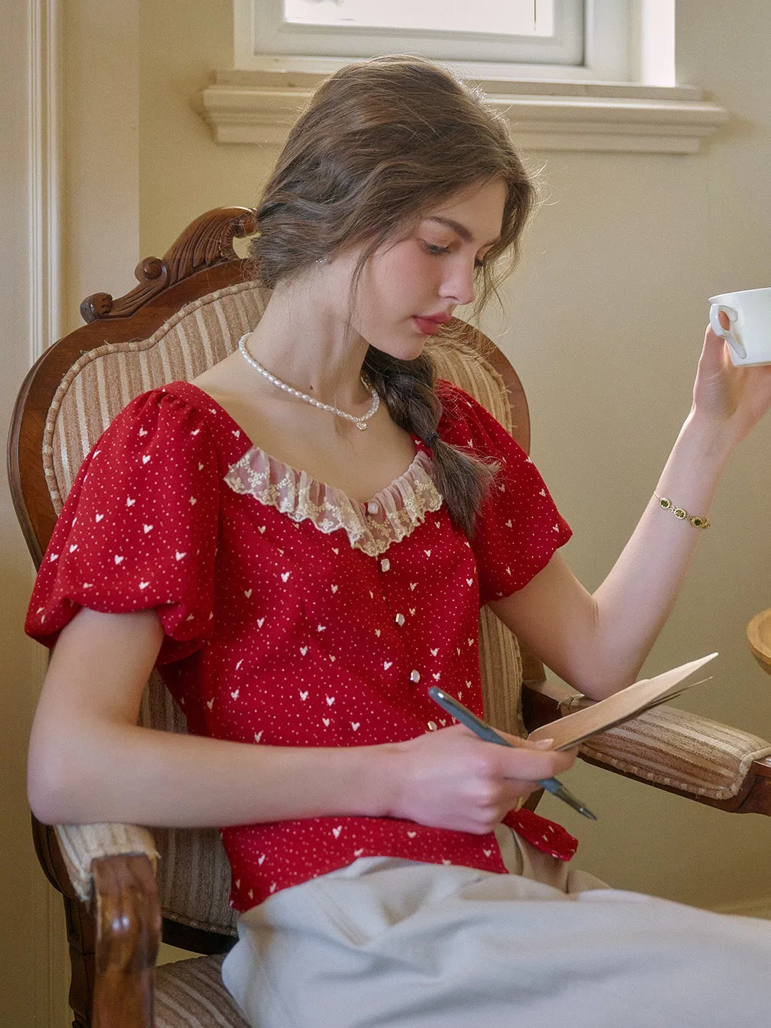 Charlotte Square Neck Lace Puff Sleeves Top High Collar Option