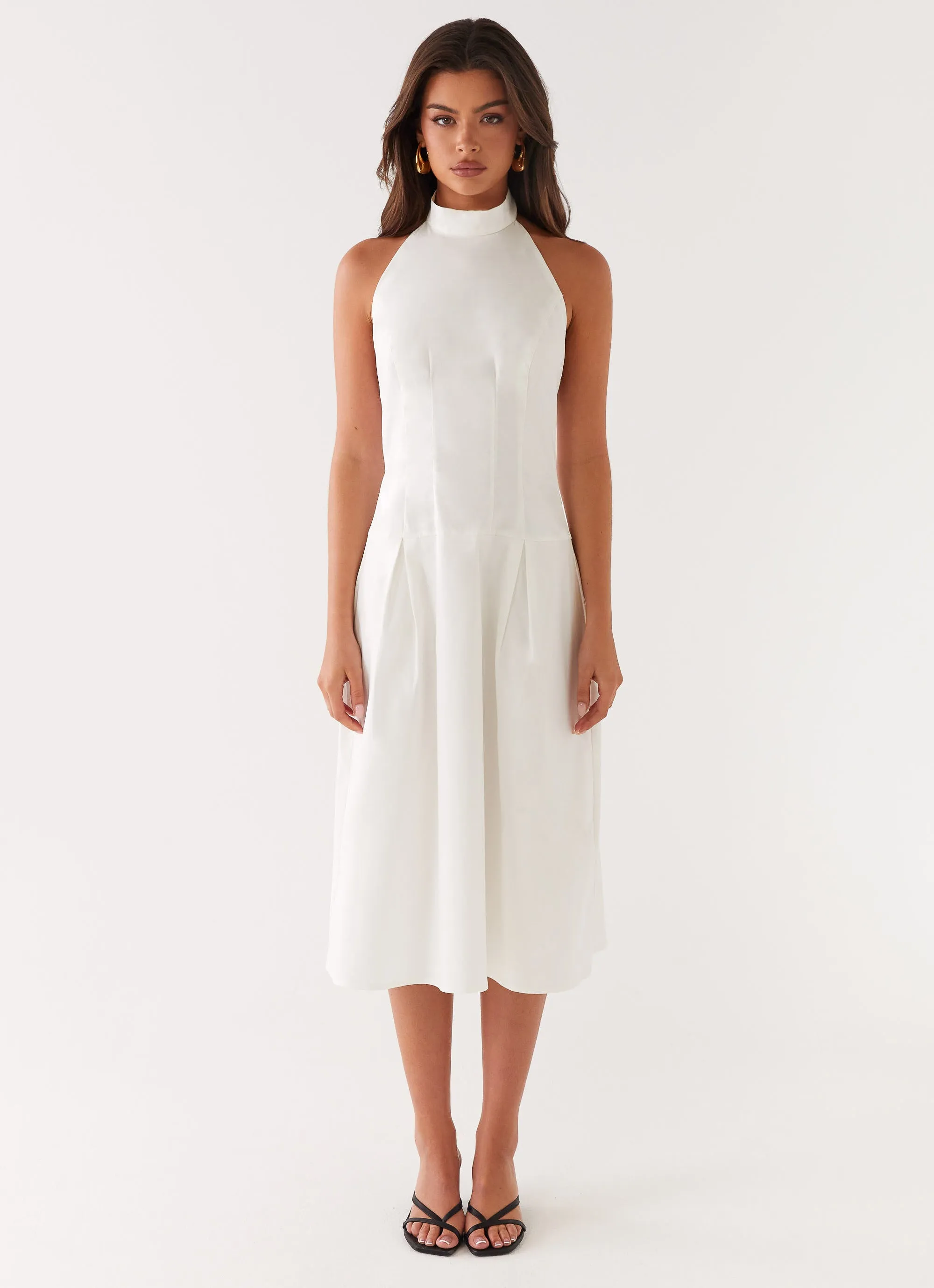 Calla Halter Midi Dress - White Rural Charm Silky Form