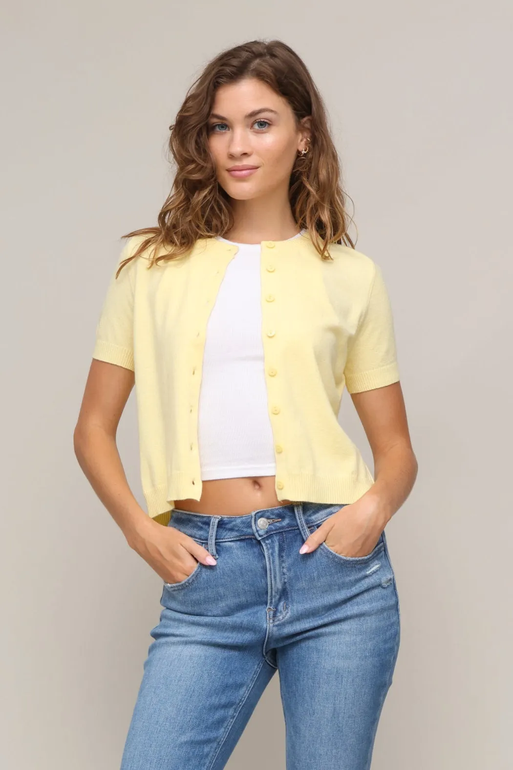 Chelsea Short Sleeve Cardigan Seasonal Warmth Ribbed collar