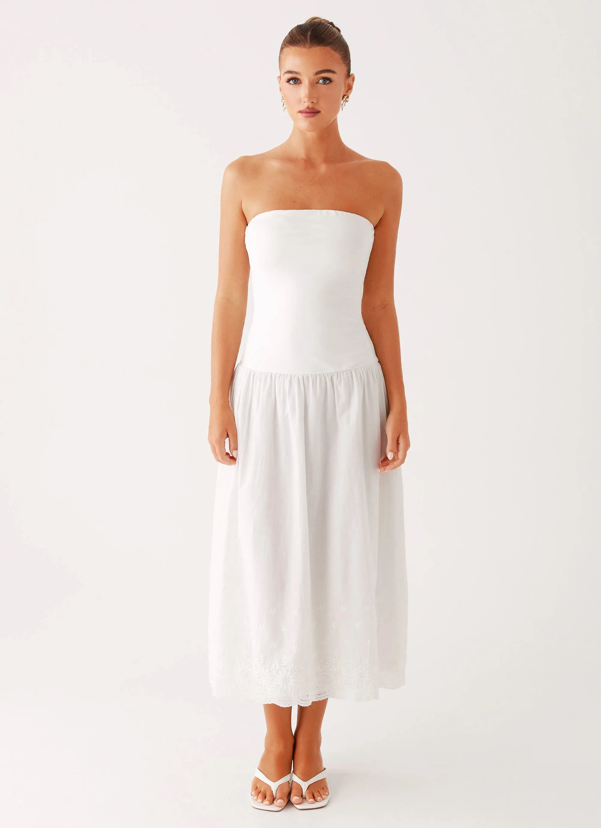 Cherry Skies Midi Dress - White Sleek Outline Daytime Fit