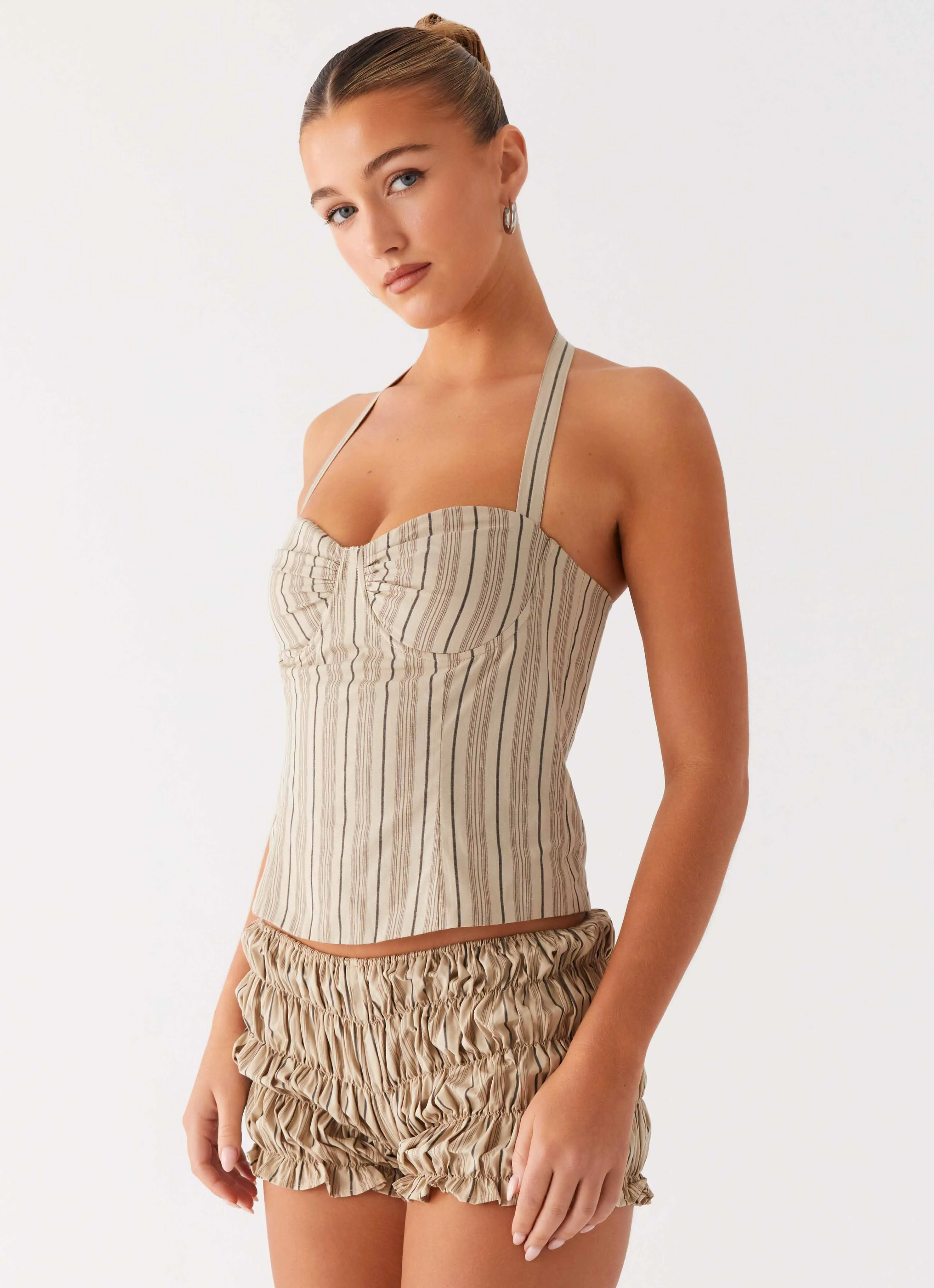 Cheryl Bustier Halter Top - Oatmeal Stripe Reinforced Stitching