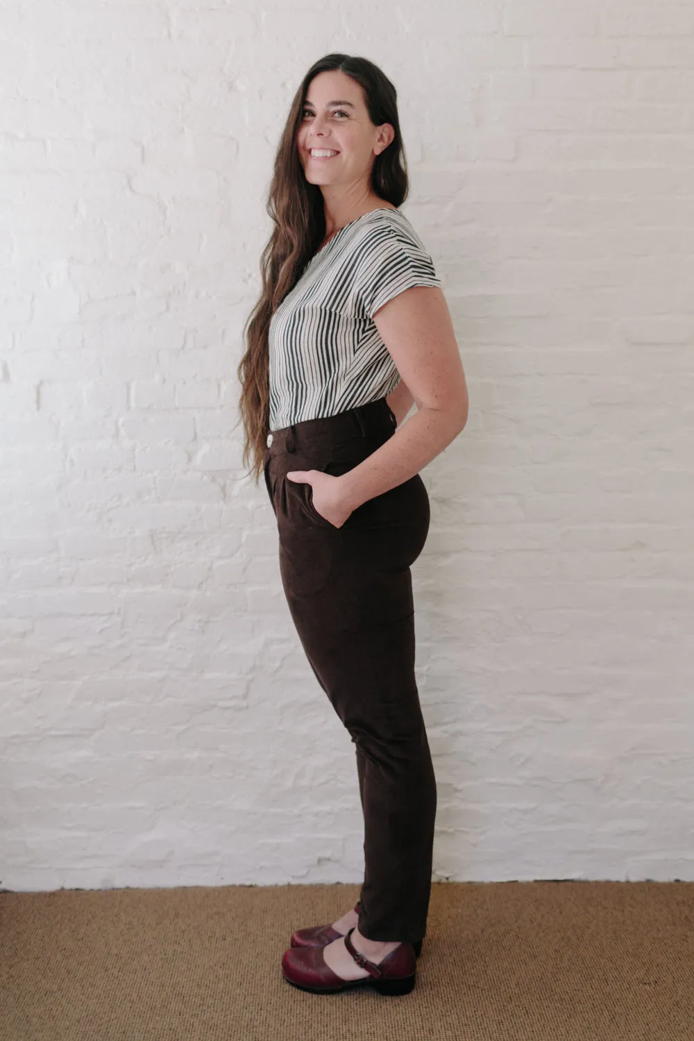 Comfortable Layering Long Perfect Pant in Brown Corduroy