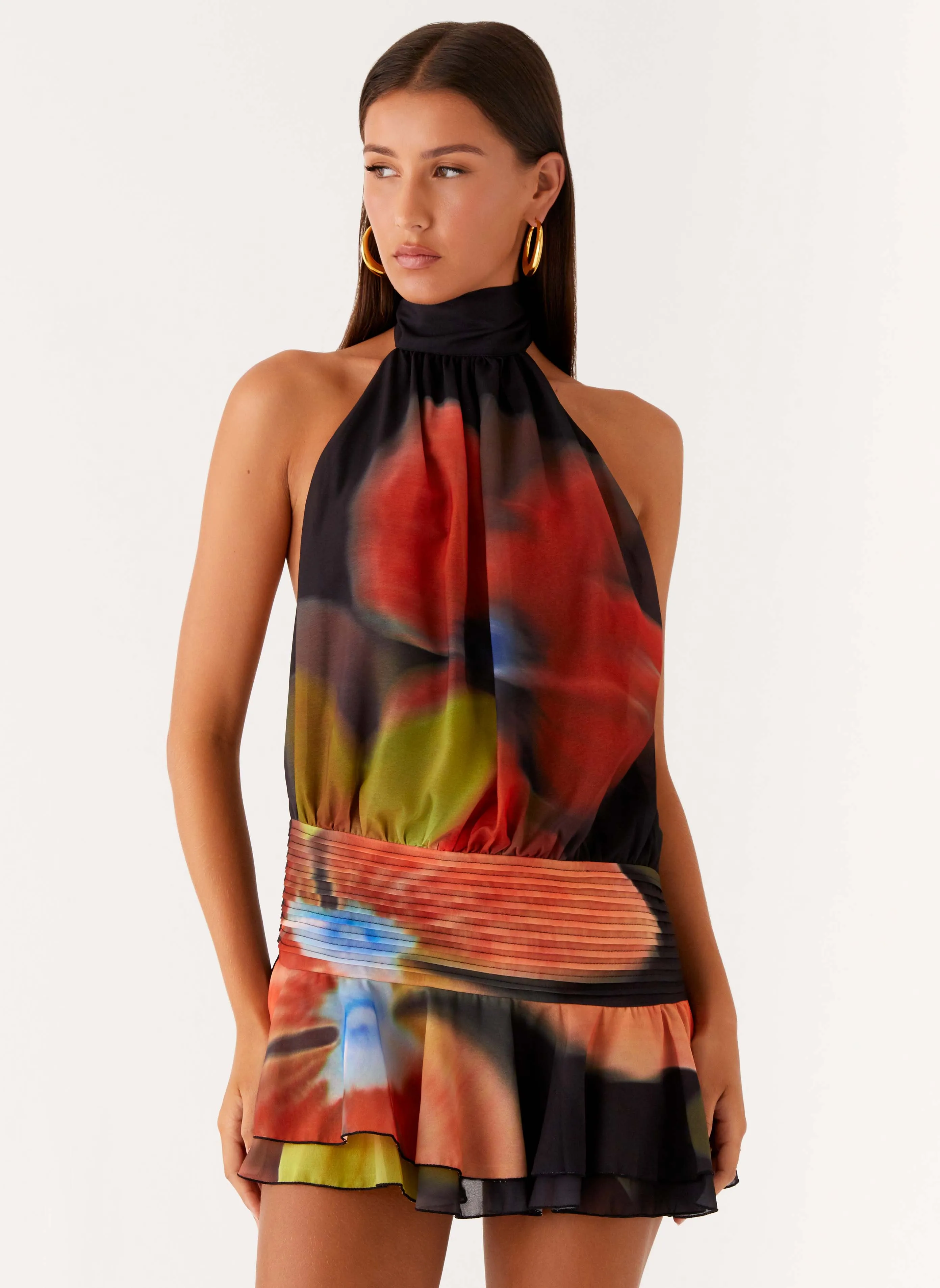 Satin-Edge Warm Palette Willow Chiffon Mini Dress - Moody Floral