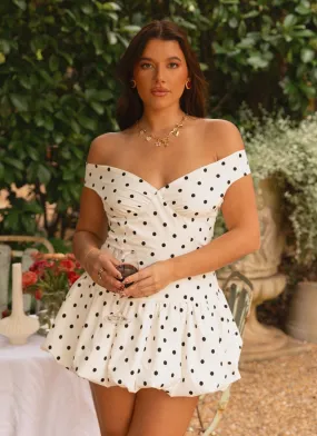 Endless Romance Off Shoulder Mini Dress - White Polka Dot Fresh Mood Elasticized Hem