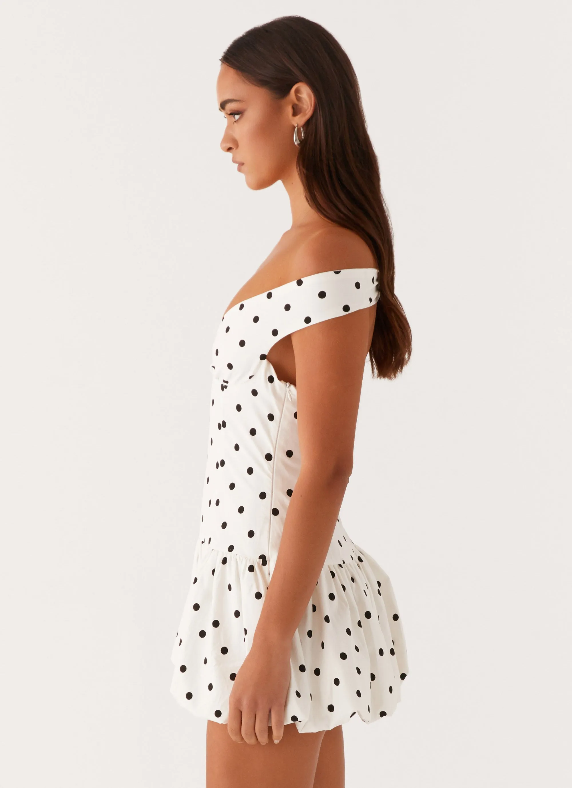 Endless Romance Off Shoulder Mini Dress - White Polka Dot Wrap style On-The-Go Outfit