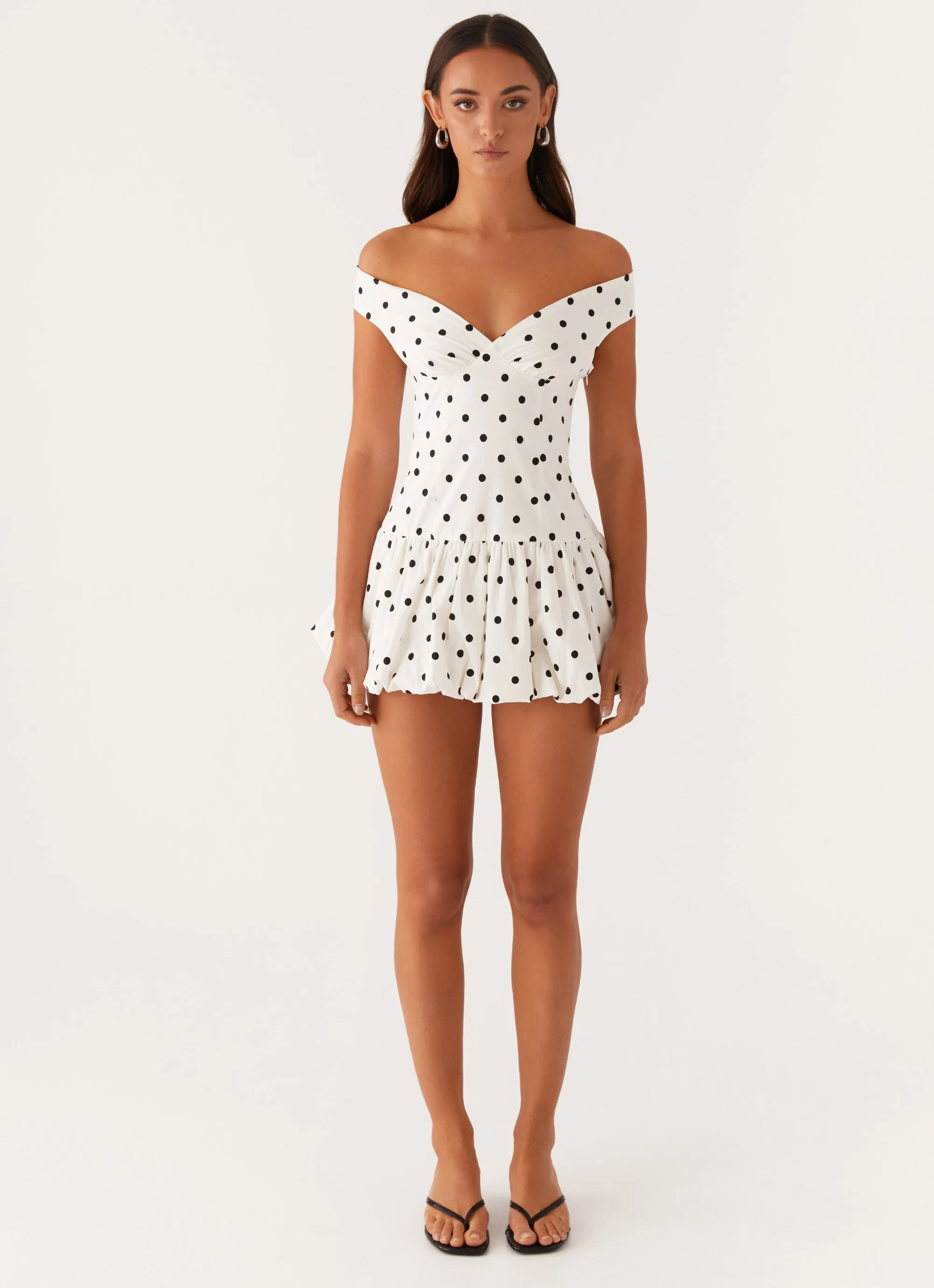 Low Impact Dye Easy Vibe Endless Romance Off Shoulder Mini Dress - White Polka Dot