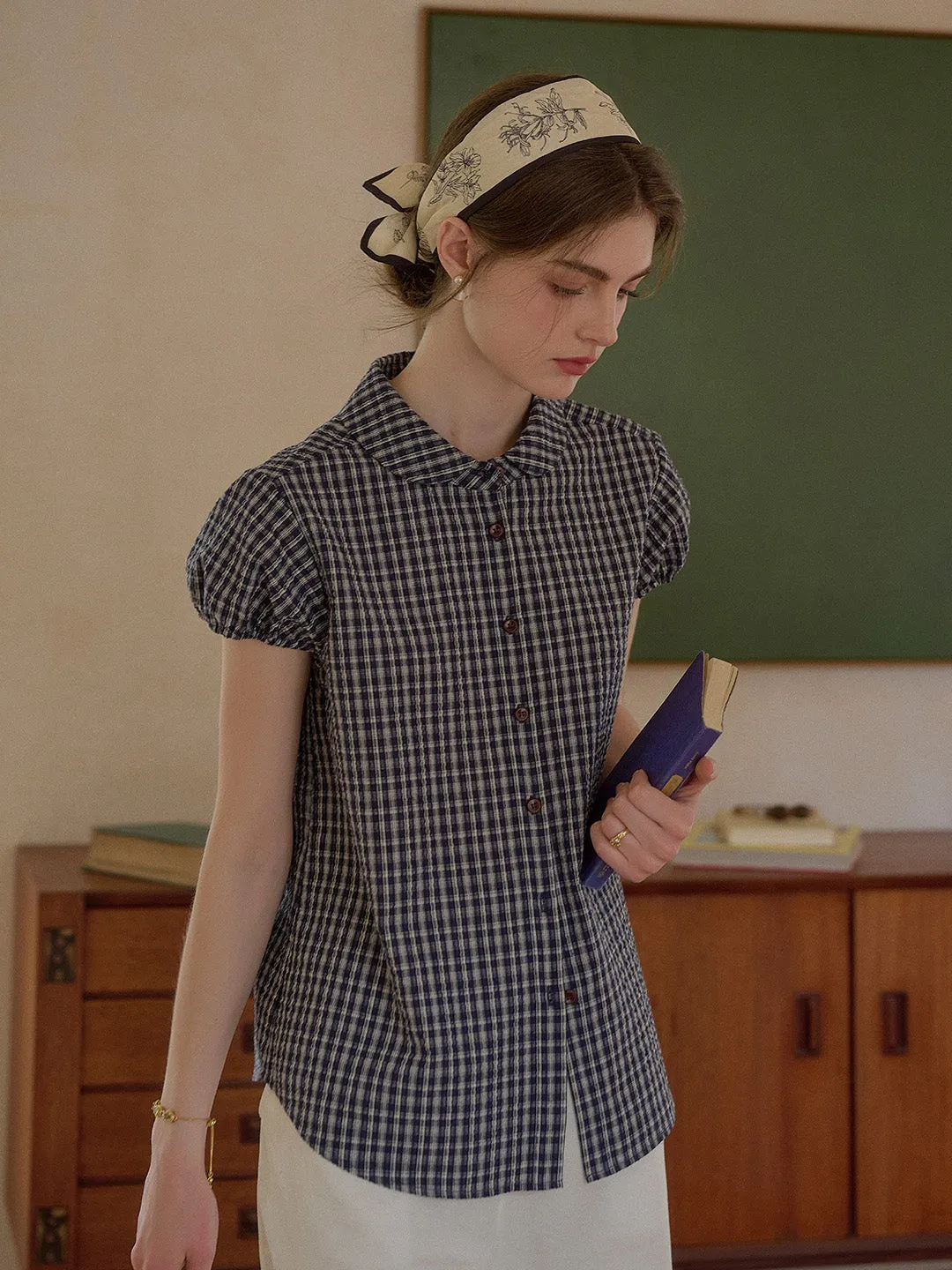 Chloe Peter Pan Collar Plaid Cotton Blouse Reinforced Shoulder