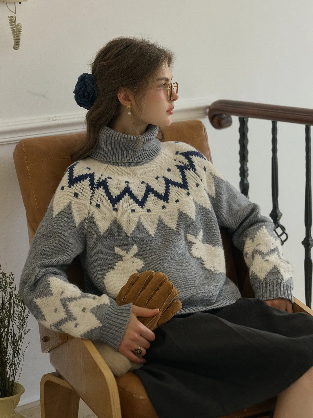 Cielo Turtleneck SR Exclusive Bunny Design Fair Isle Wool Sweater FrayResistant Fabric
