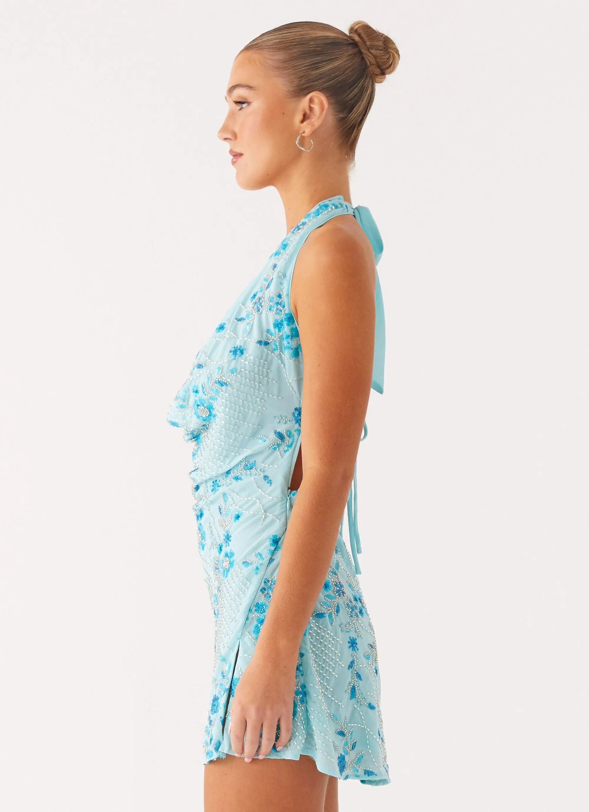 Side Slit Laidback Style Cinzia Beaded Mini Dress - Blue