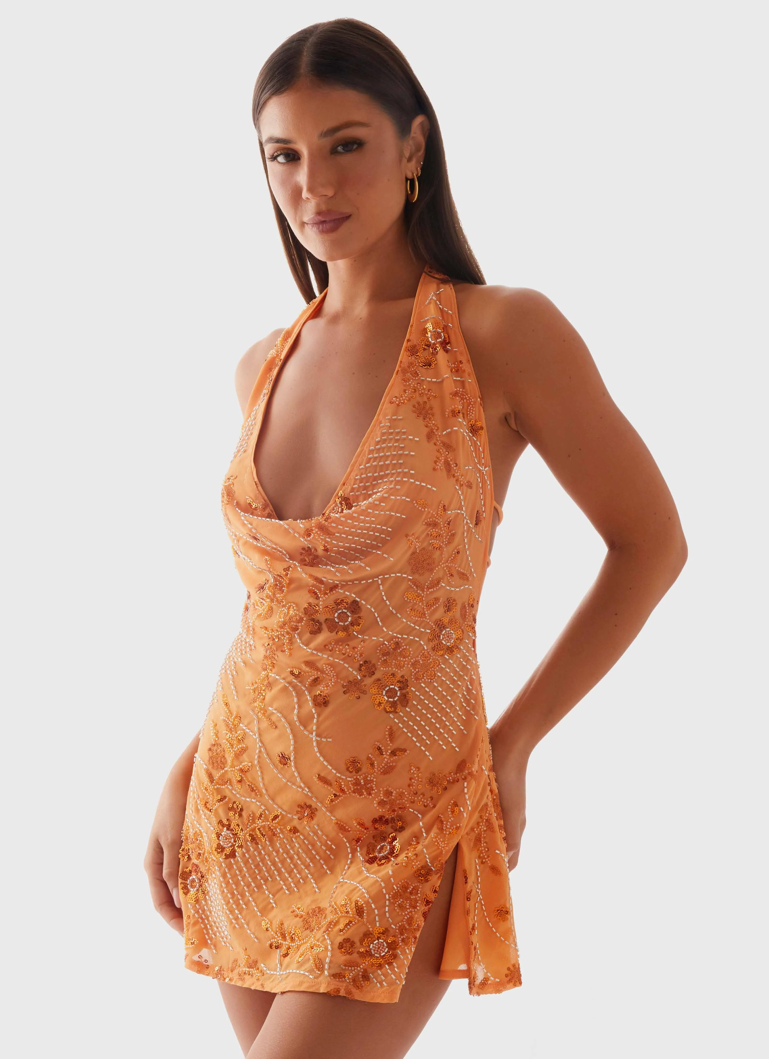 Flower Soft Daily Go Cinzia Beaded Mini Dress - Orange