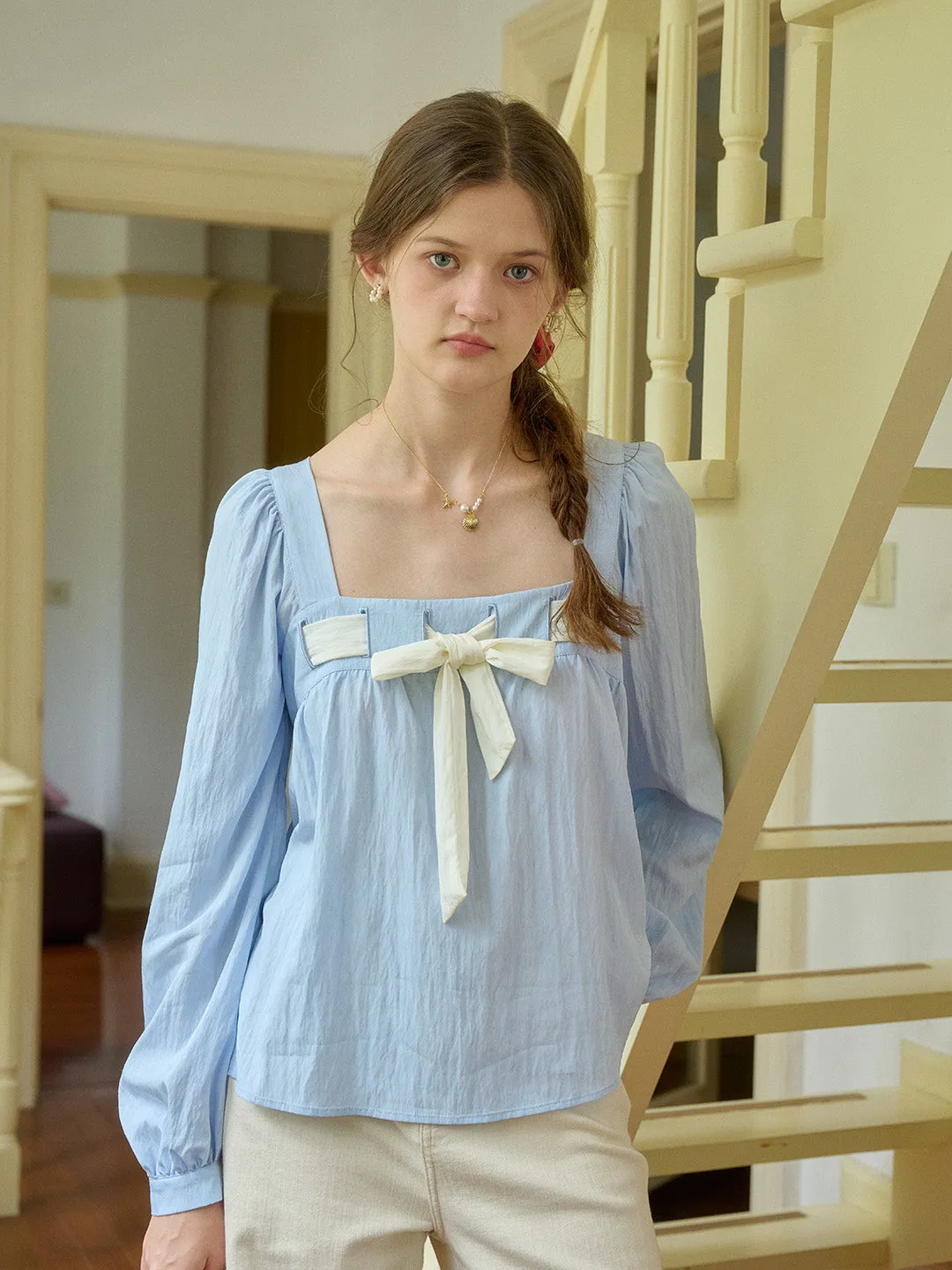 ??Final Sale??Lilia Square Collar Bow Light Blue Blouse Long Sleeve Tee
