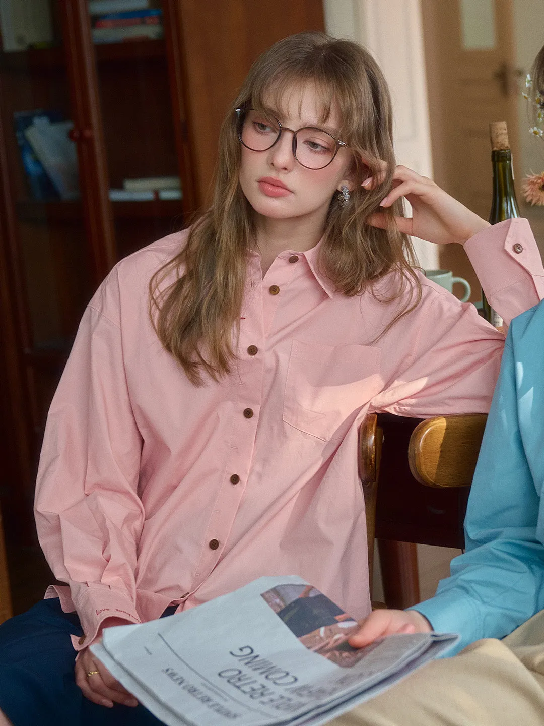 Claire Simple Lapel Pocket Blouse - Apricot Classic Crew Neck