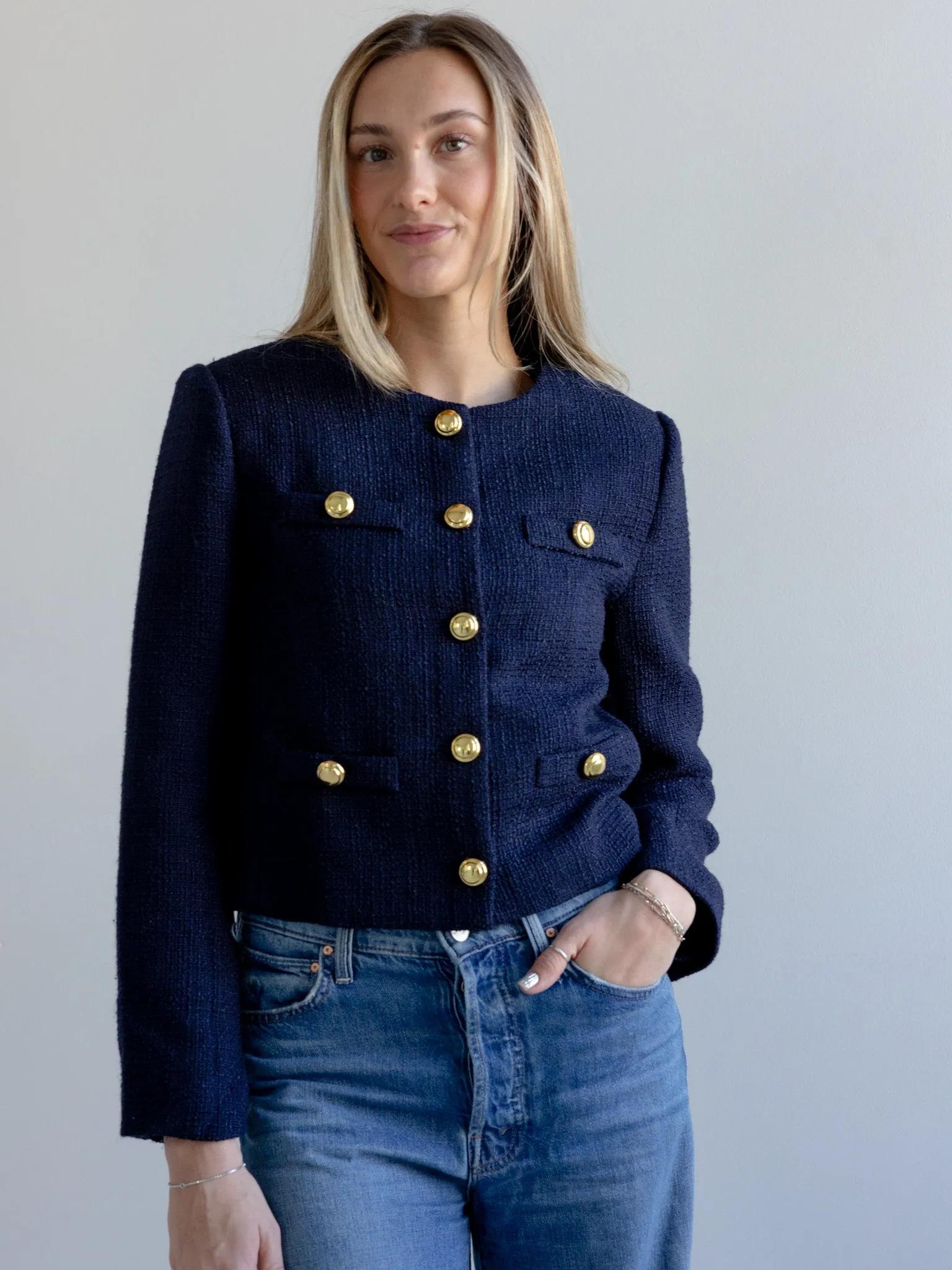 Claire Tweed Button Jacket Bold Statement Flexible Daily Fit