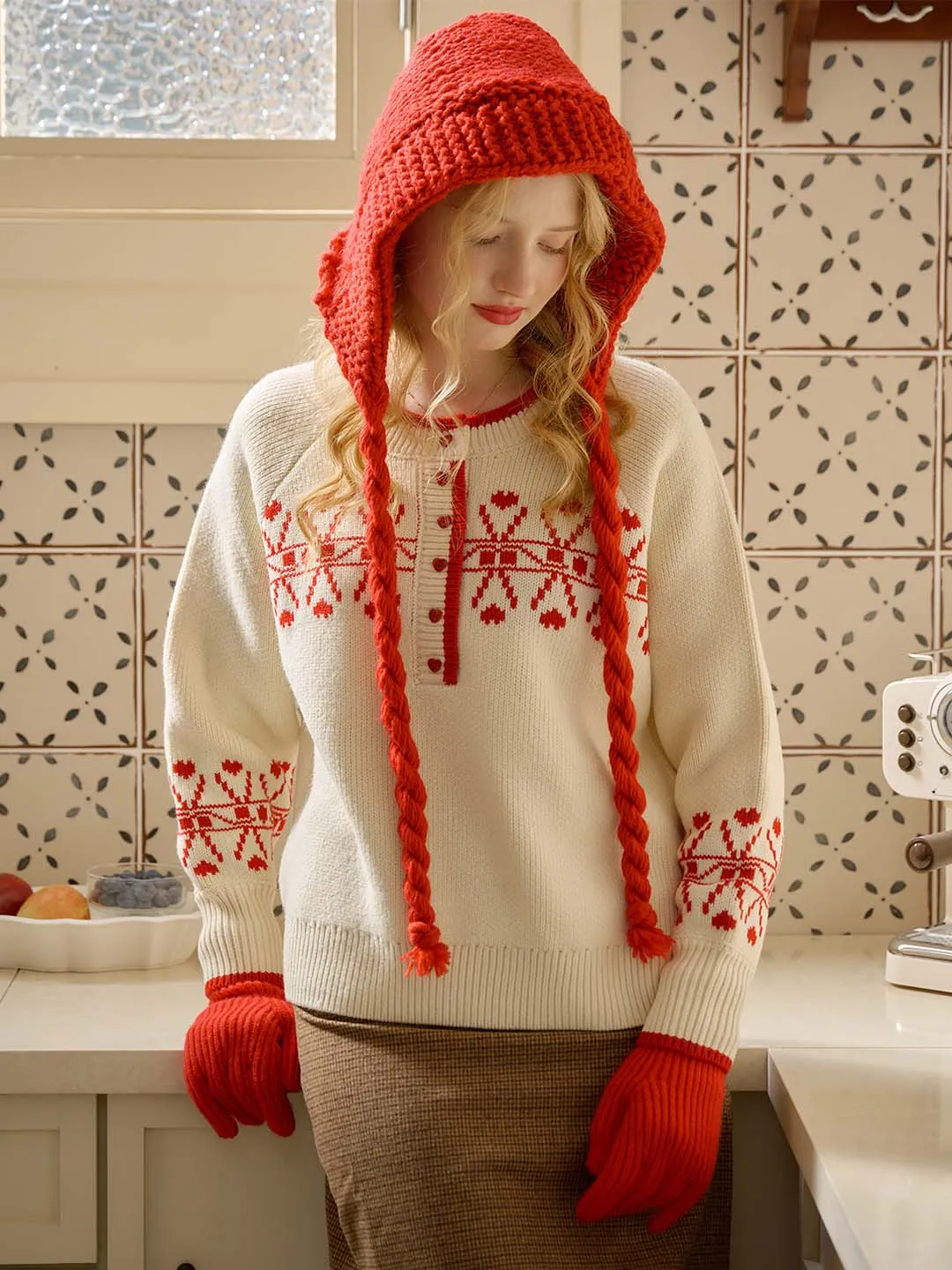 Sarah Contrast Crew Neck Pattern Sweater DoubleStitched UVProtectionCoating