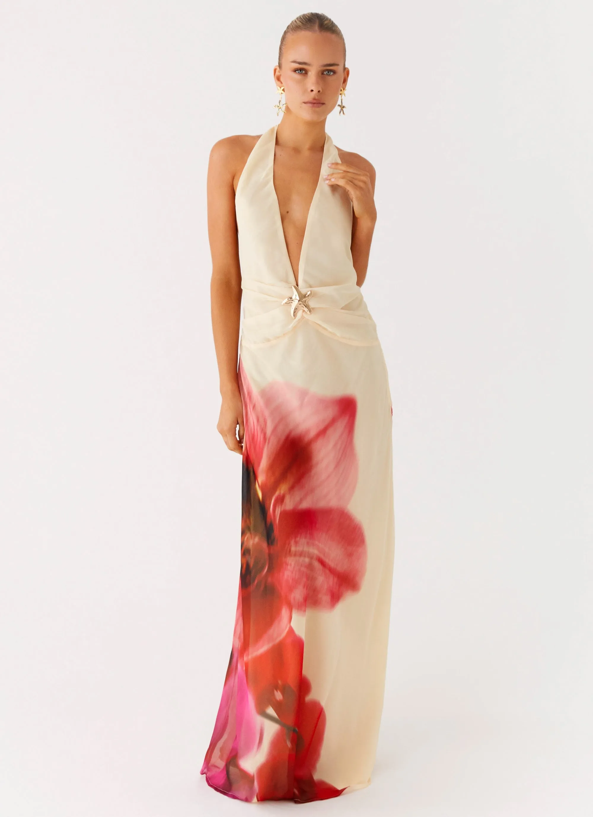 Belivia Maxi Dress - Yellow Bloom Mesh-Detail Versatile Wear