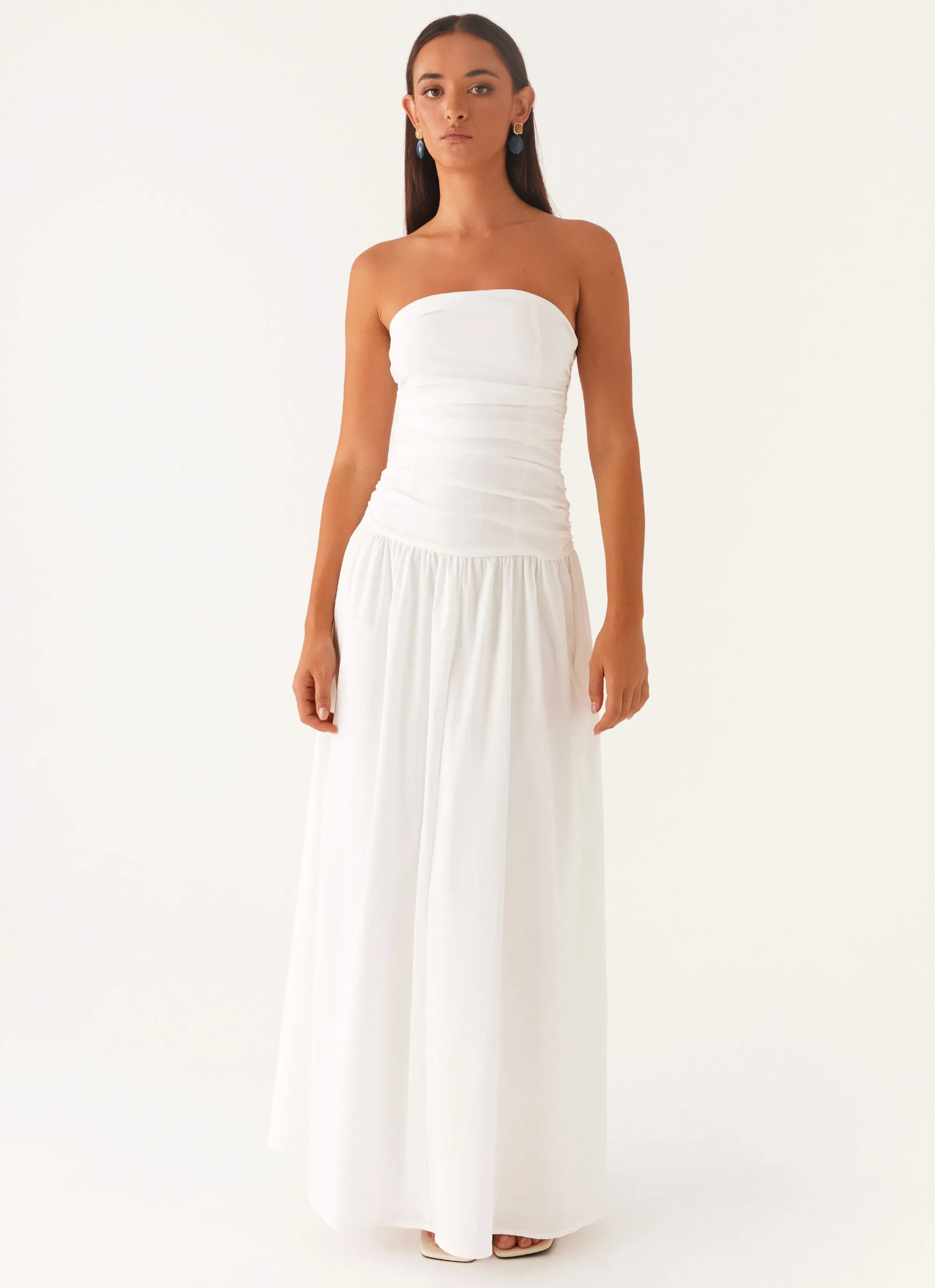 Party Perfect Dropped-Waist Carmel Maxi Dress - White