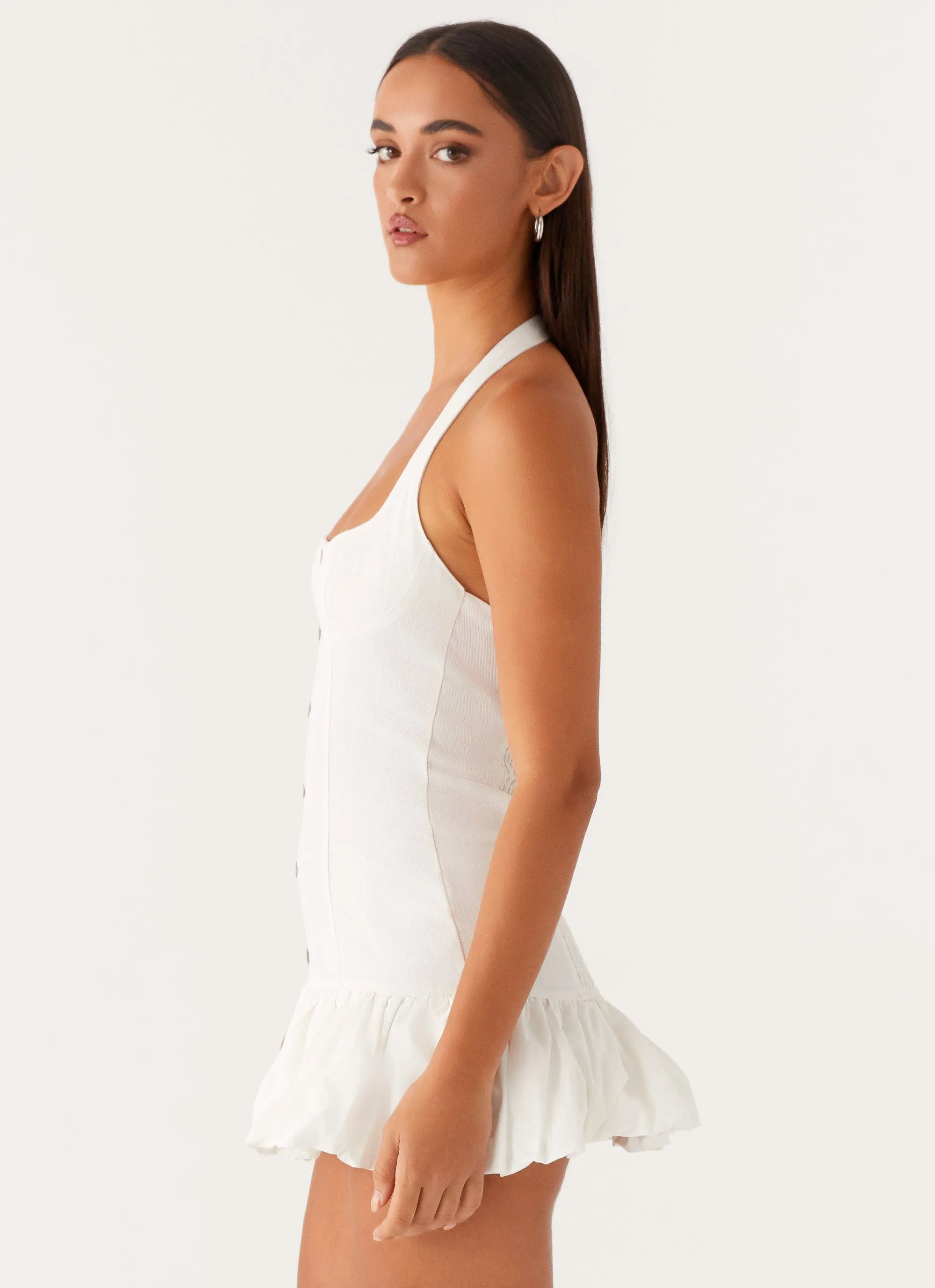 Georgina Denim Mini Dress - White Laser Cut Edges