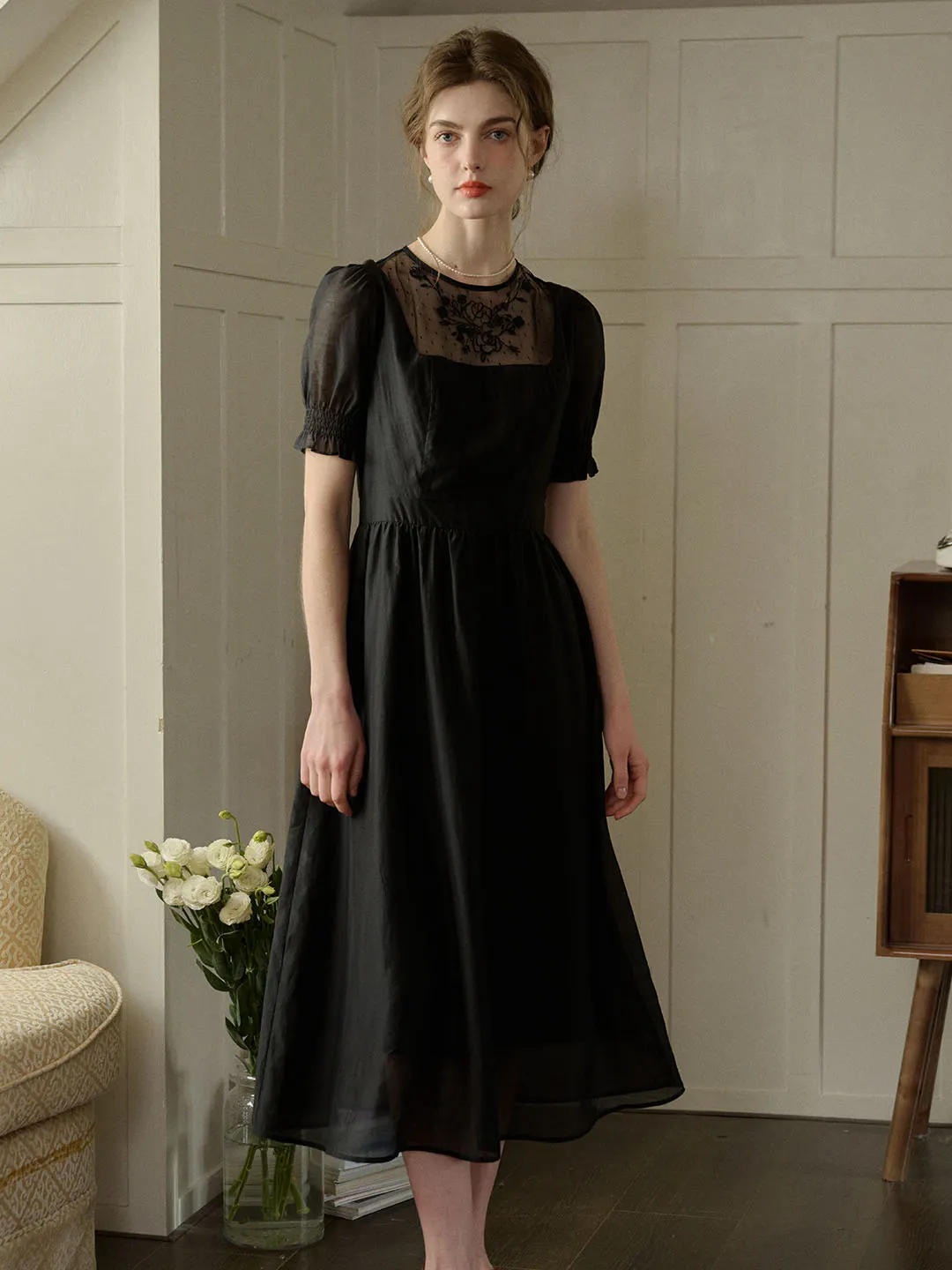 Ariella Round Neck Mesh Embroidered Puff Sleeve Dress Timeless office dress Luxury Feel