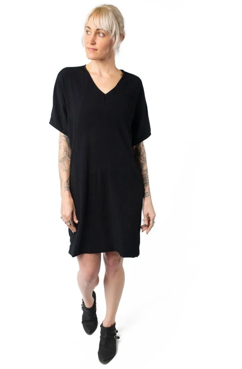 Front-Pocket Work Vibe Cocoon Dress in Black Crepe
